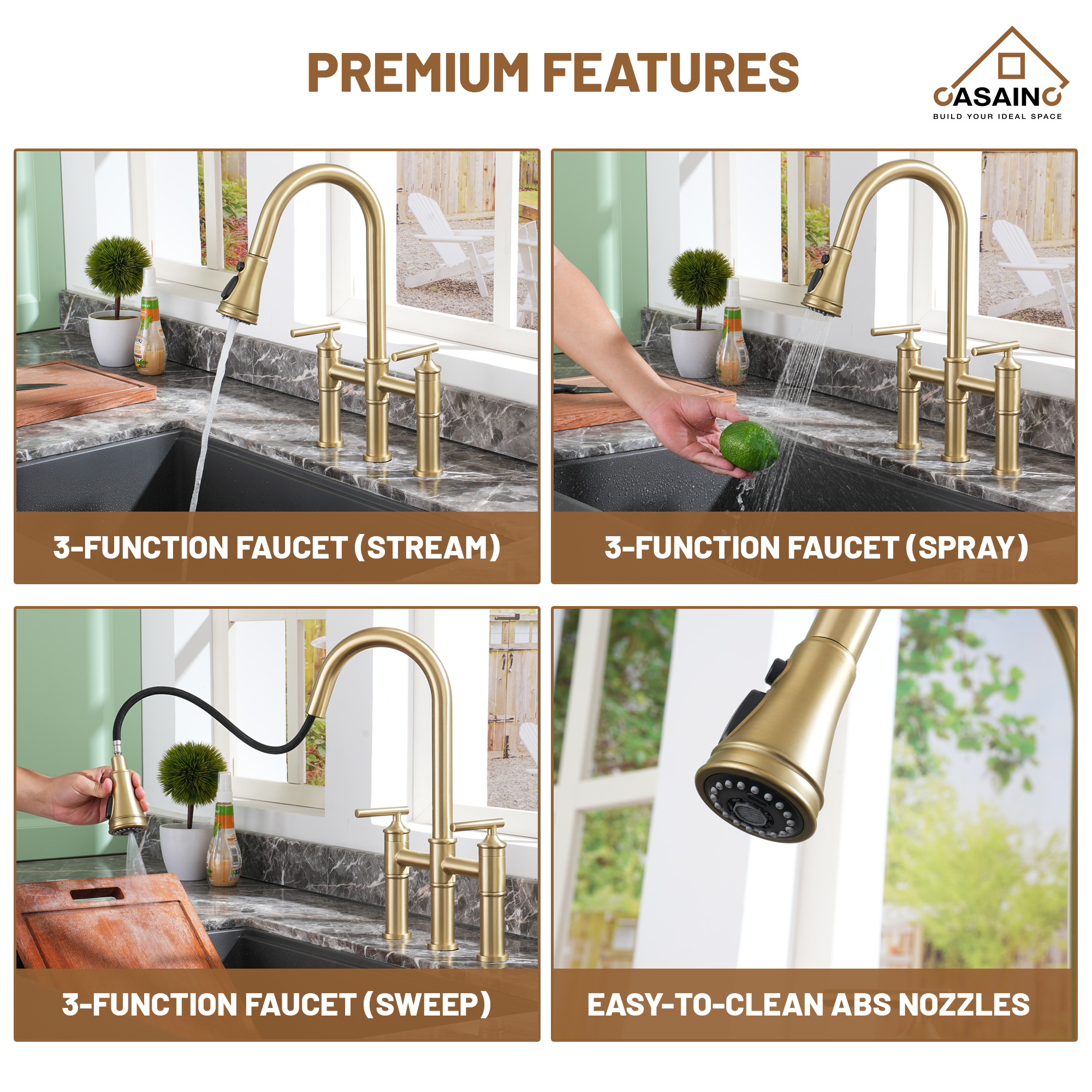 Pull-Down Bridge Kitchen Faucet in Matte Black/Brushed Nickel/Brushed Gold