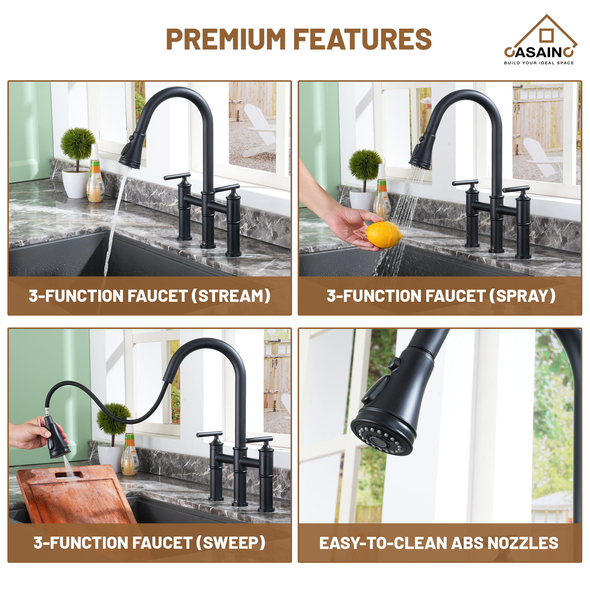 Pull-Down Bridge Kitchen Faucet in Matte Black/Brushed Nickel/Brushed Gold
