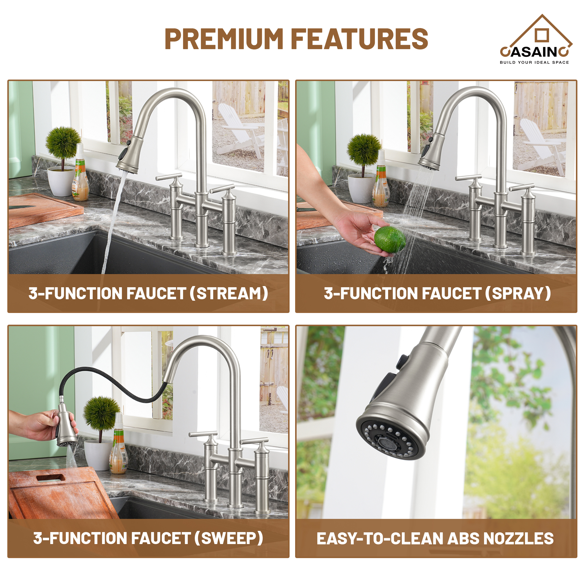 Pull-Down Bridge Kitchen Faucet in Matte Black/Brushed Nickel/Brushed Gold