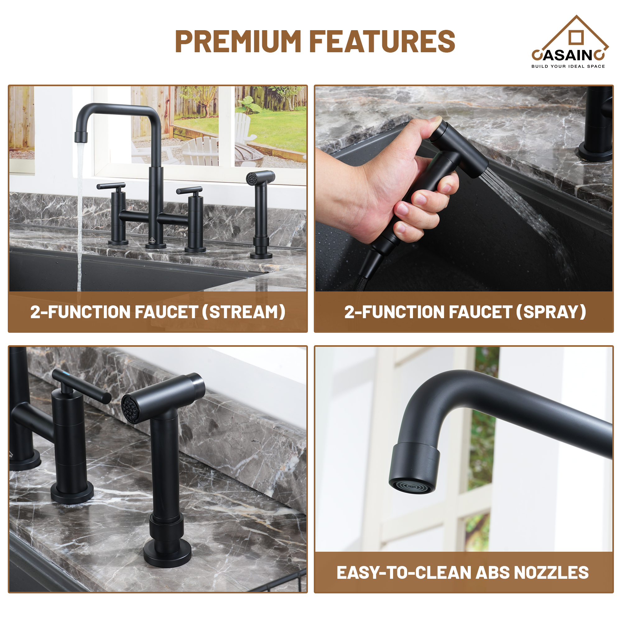2-Handle Bridge Kitchen Faucet with Pull-Out Side Sprayer in Matte Black/Brushed Nickel/Brushed Gold