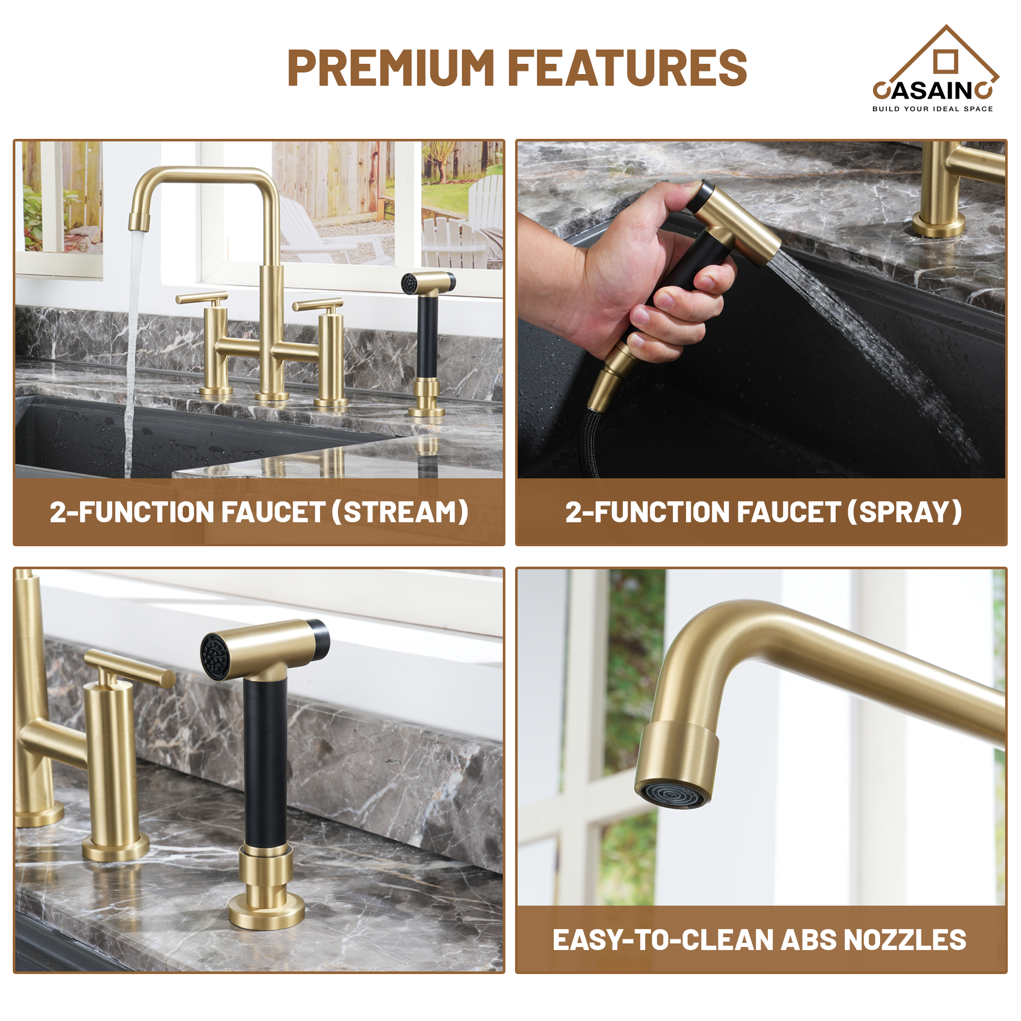 2-Handle Bridge Kitchen Faucet with Pull-Out Side Sprayer in Matte Black/Brushed Nickel/Brushed Gold