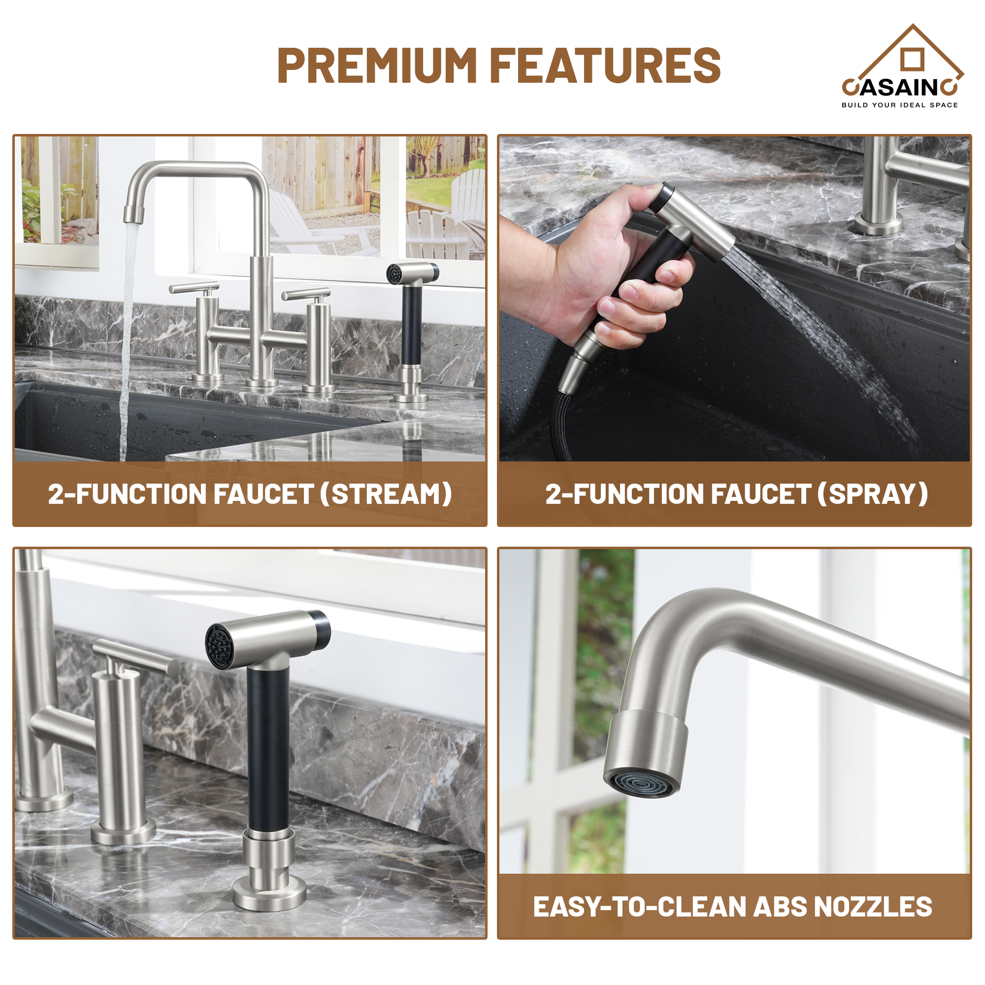 2-Handle Bridge Kitchen Faucet with Pull-Out Side Sprayer in Matte Black/Brushed Nickel/Brushed Gold