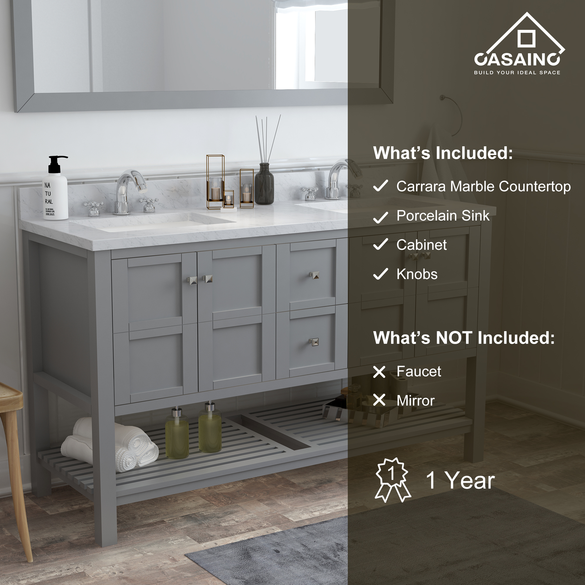 CASAINC Bathroom Vanity 60 x 22 x 35.4 with 1.2" Thickness Countertop & Backsplash, Bothe Side Rectangular Sink, 4 Soft Closing Doors, 2 Dove Tail Drawer Construction, Soft Close Drawer Hinges, Gray, White (With Mirror)
