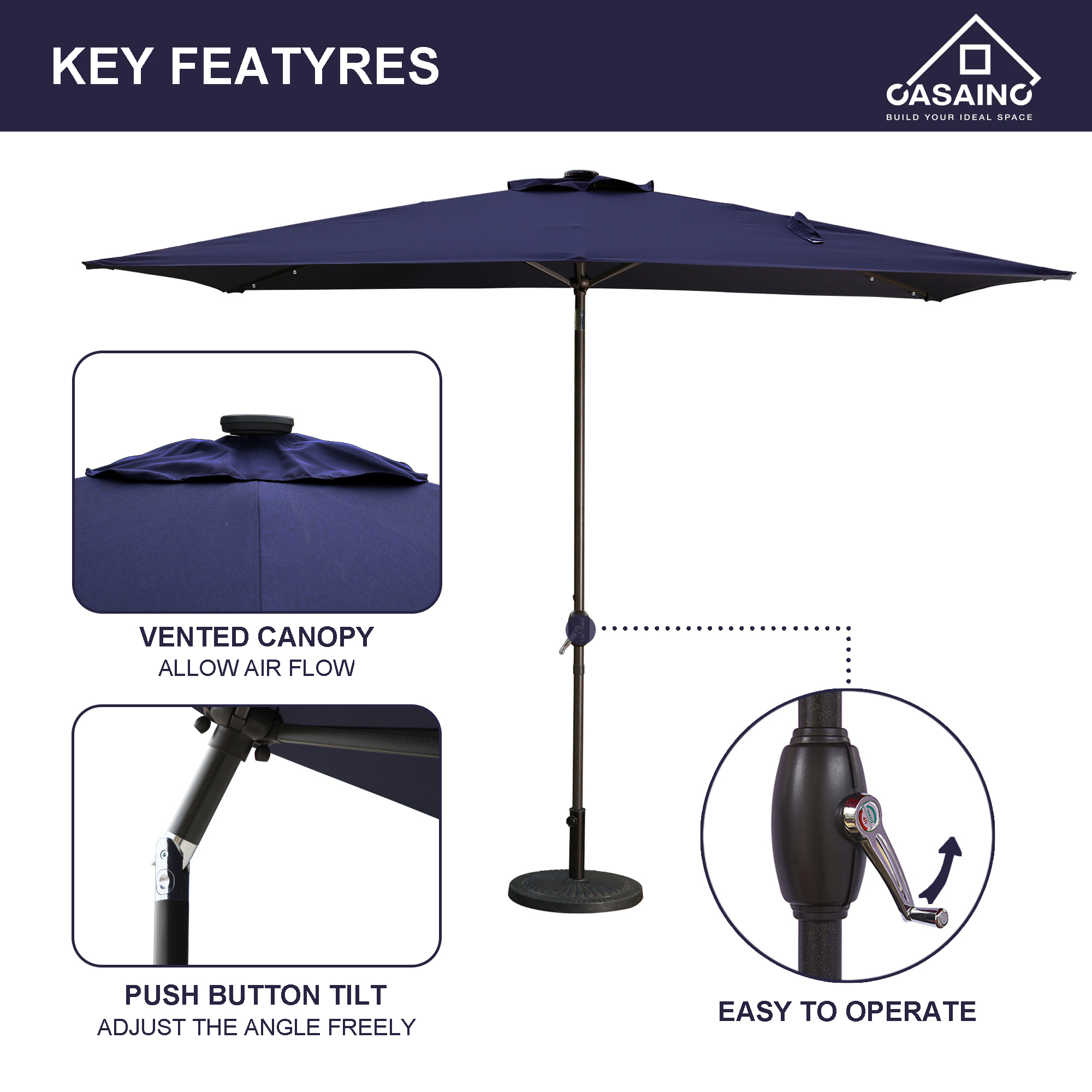CASAINC 10 Ft. Rectangular Outdoor Patio Umbrella with 26 Solar LED Lights Without Umbrella Base