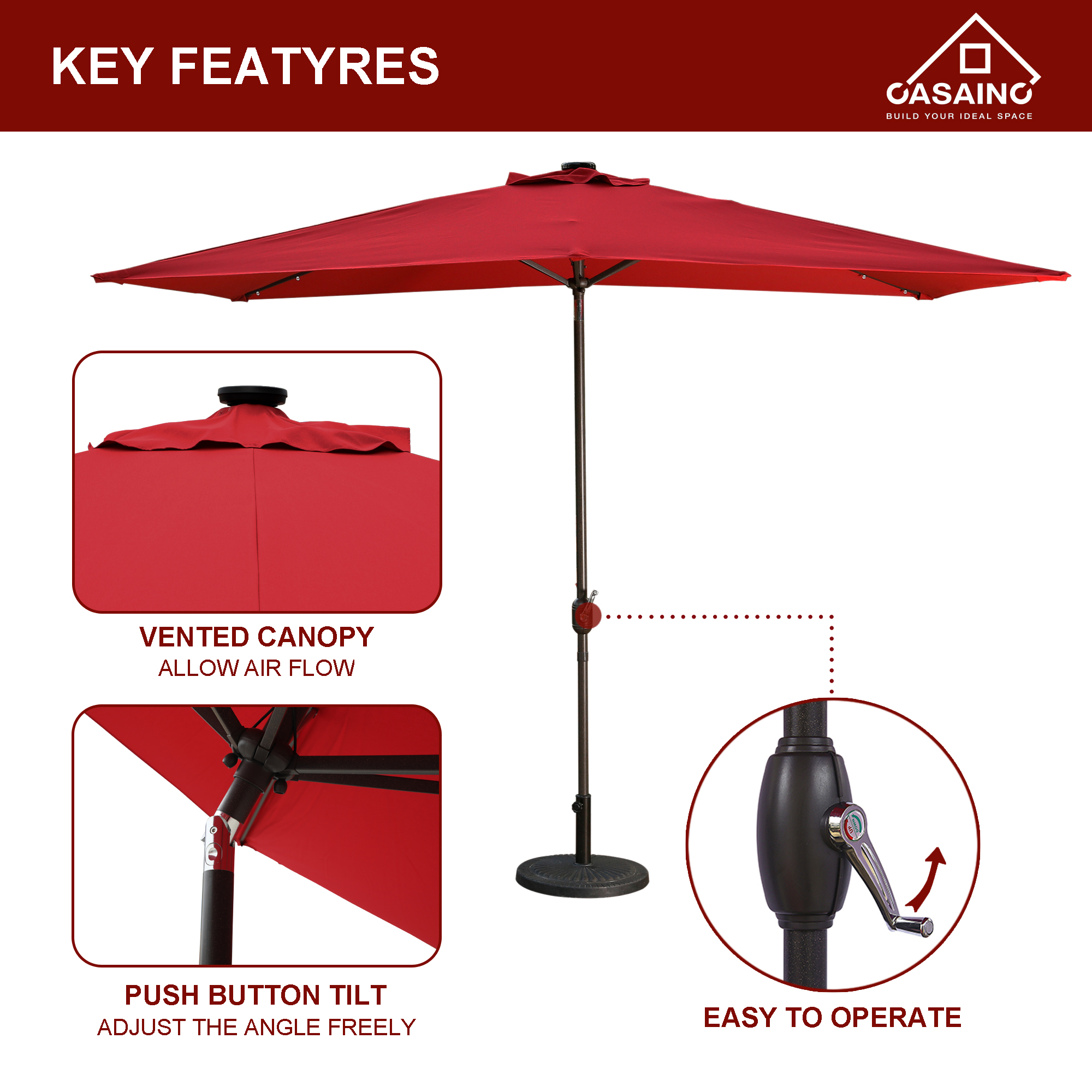 CASAINC 10 Ft. Rectangular Outdoor Patio Umbrella with 26 Solar LED Lights Without Umbrella Base