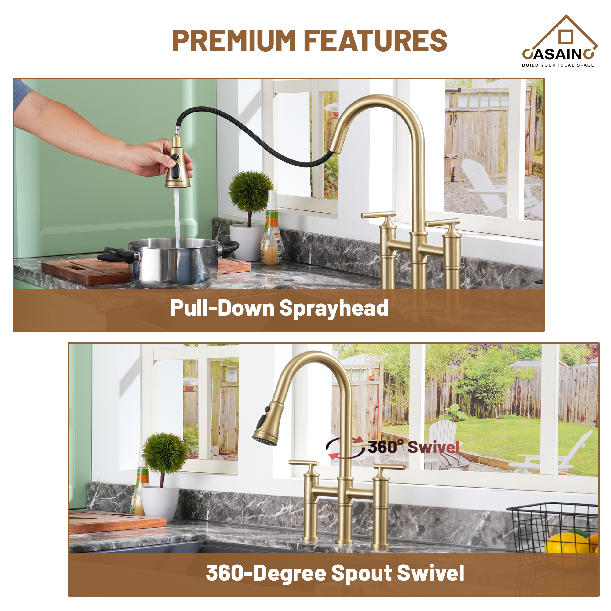 Pull-Down Bridge Kitchen Faucet in Matte Black/Brushed Nickel/Brushed Gold