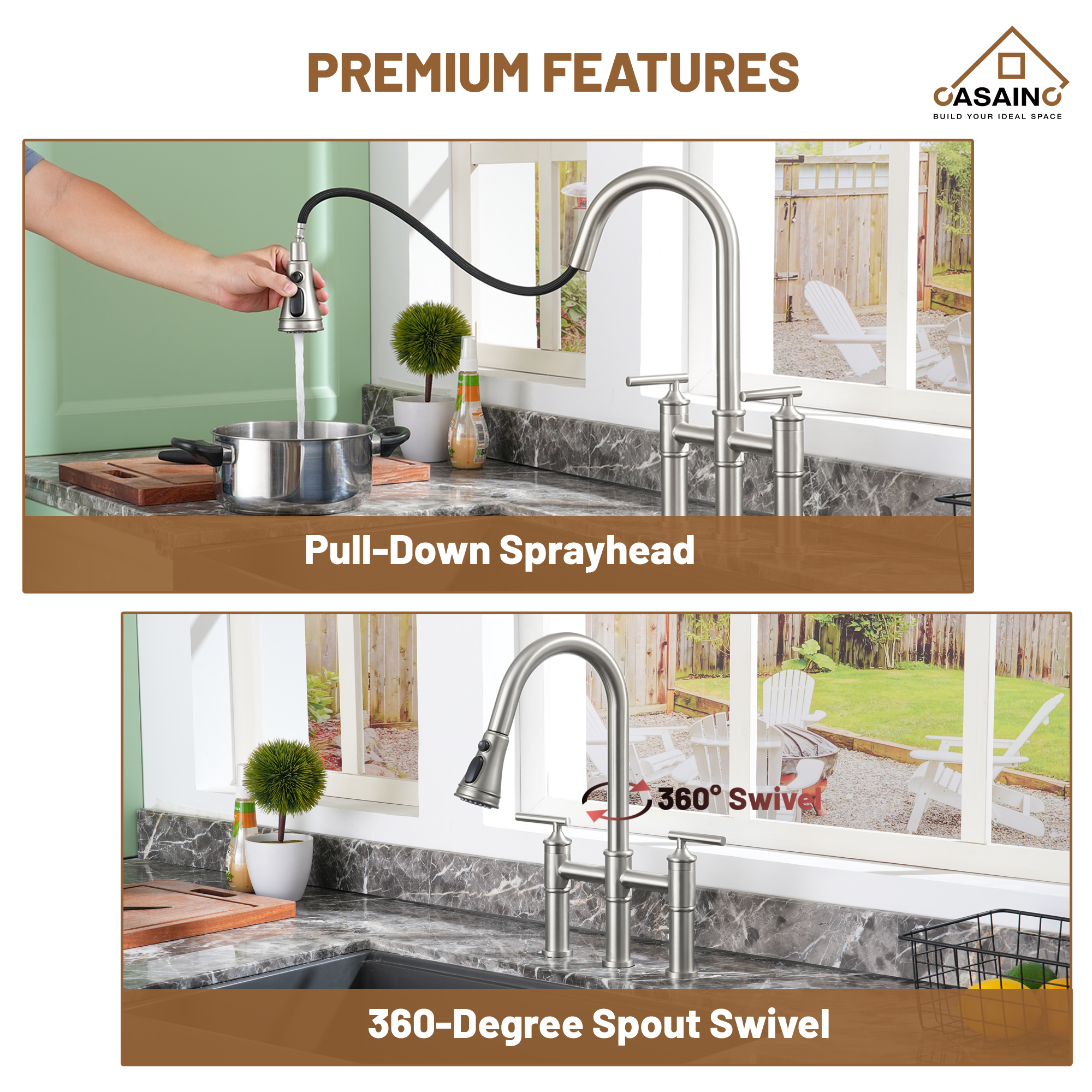 Pull-Down Bridge Kitchen Faucet in Matte Black/Brushed Nickel/Brushed Gold