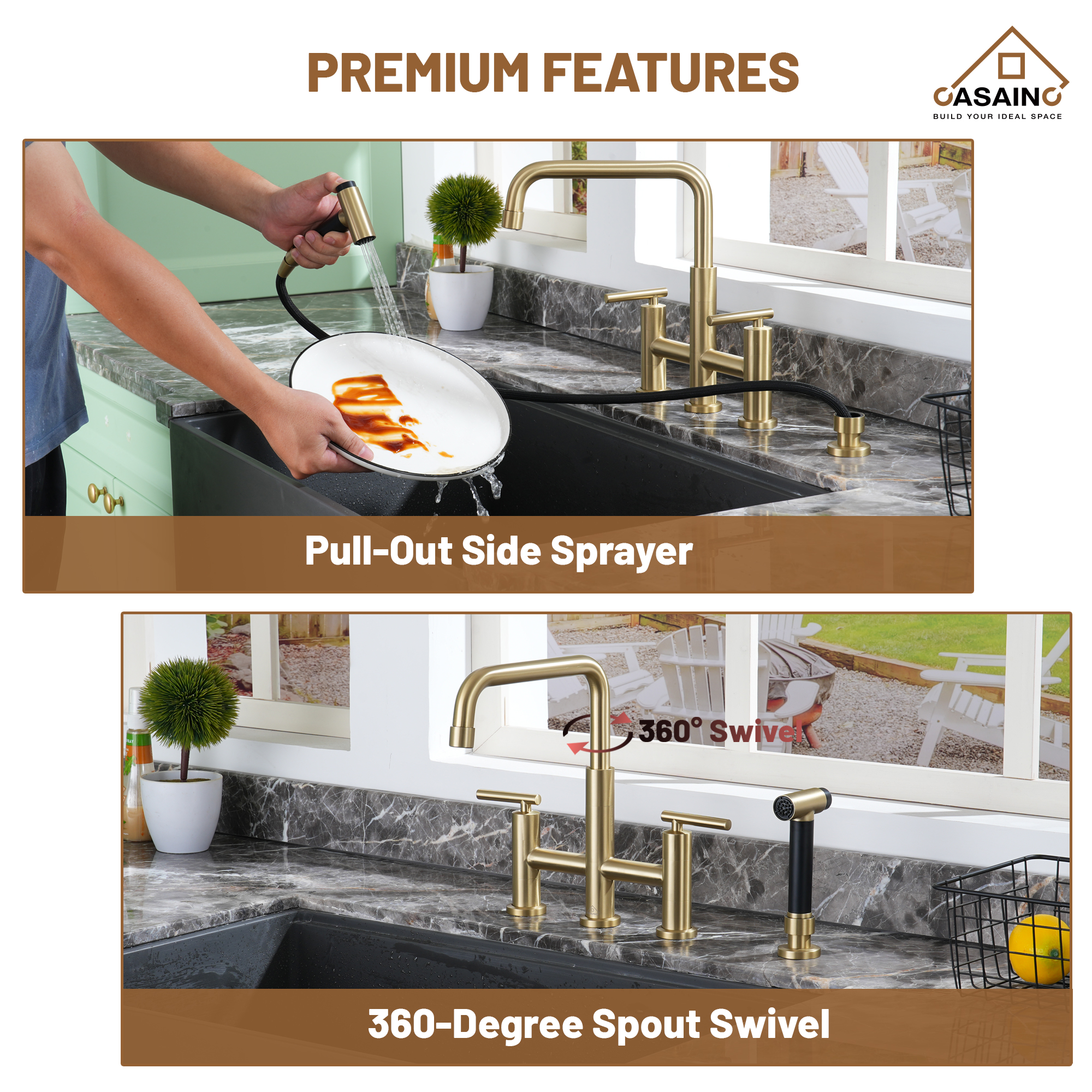 Universal Shower Handle Havin Gold Kitchen Faucet With Pull Down