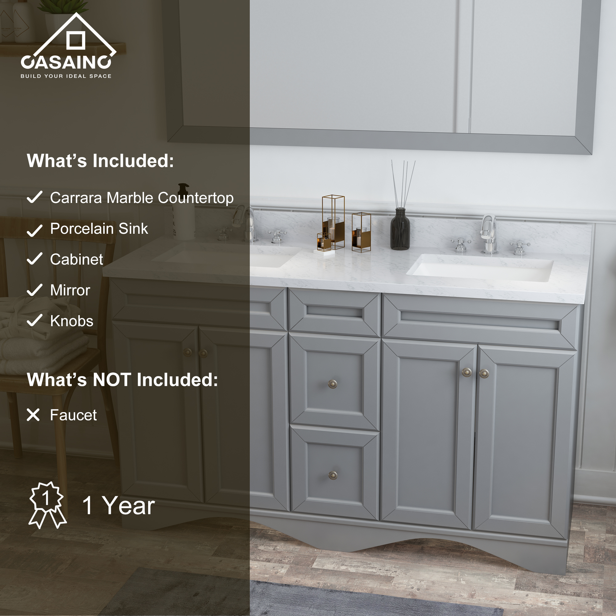 CASAINC 60" Solid Wood Bathroom Vanity with 1.2" Edge Italian Carrara Marble Countertop & Backsplash, Center Rectangular Sink, 4 Soft Closing Doors, 2 functional drawers, Grey, Matte White, Mirror, No Mirror