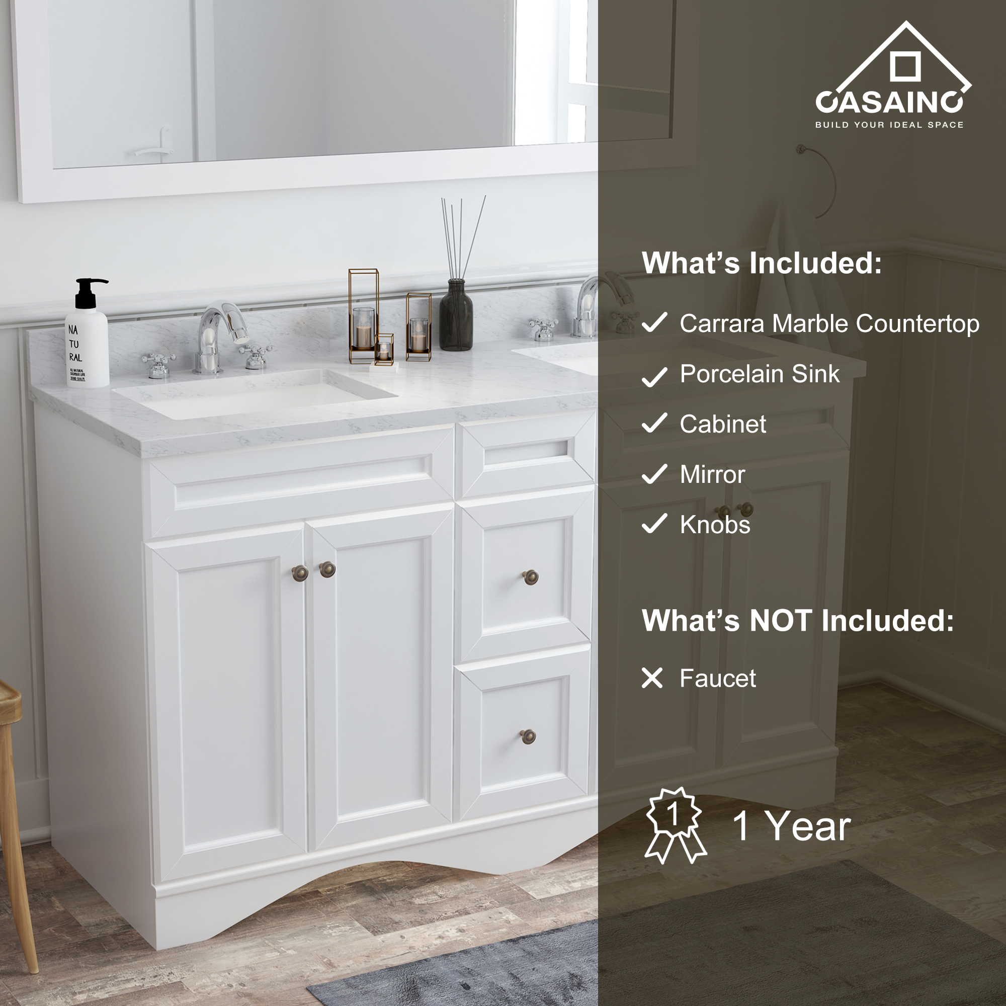 CASAINC 60" Solid Wood Bathroom Vanity with 1.2" Edge Italian Carrara Marble Countertop & Backsplash, Center Rectangular Sink, 4 Soft Closing Doors, 2 functional drawers, Grey, Matte White, Mirror, No Mirror