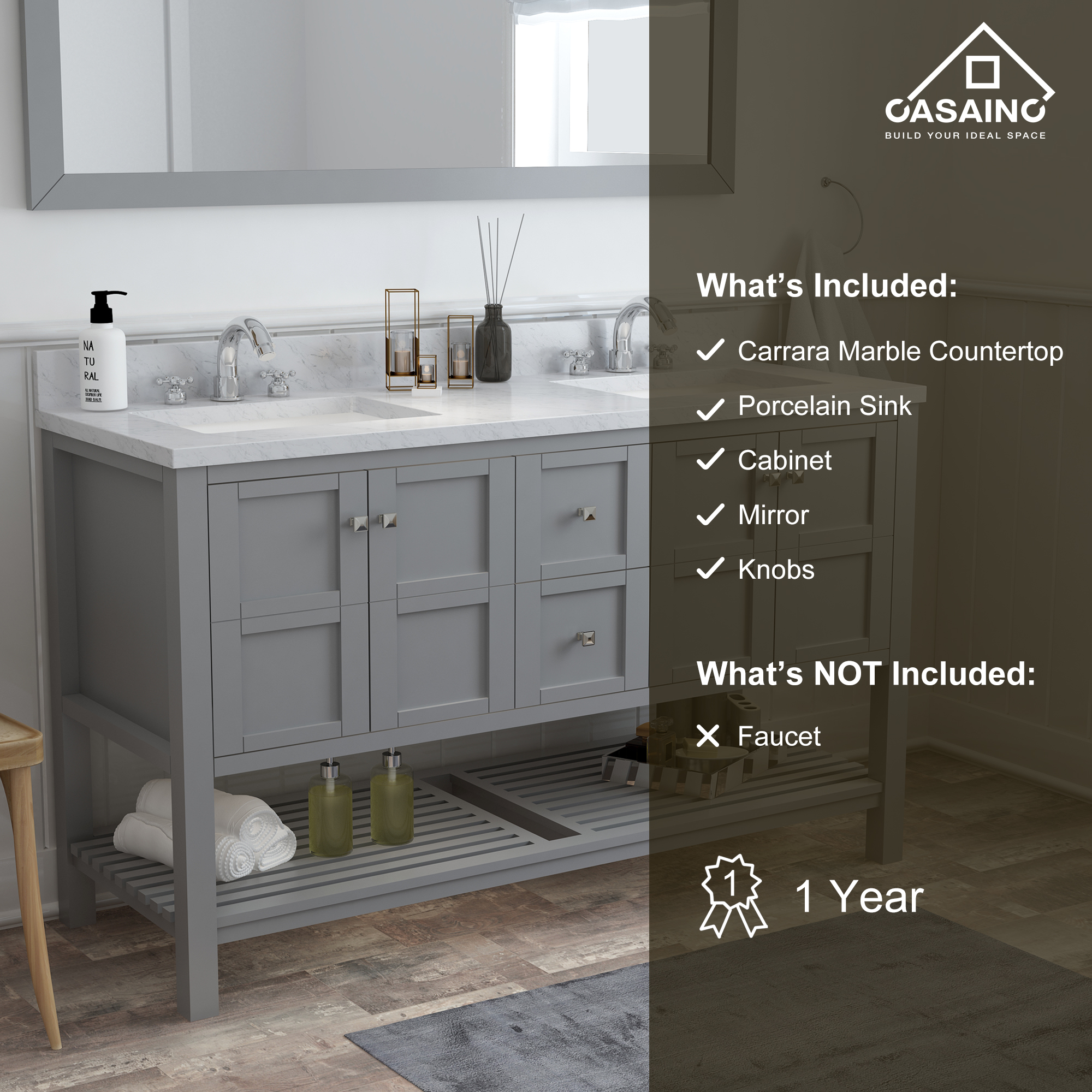 CASAINC Bathroom Vanity 60 x 22 x 35.4 with 1.2" Thickness Countertop & Backsplash, Bothe Side Rectangular Sink, 4 Soft Closing Doors, 2 Dove Tail Drawer Construction, Soft Close Drawer Hinges, Gray, White (With Mirror)