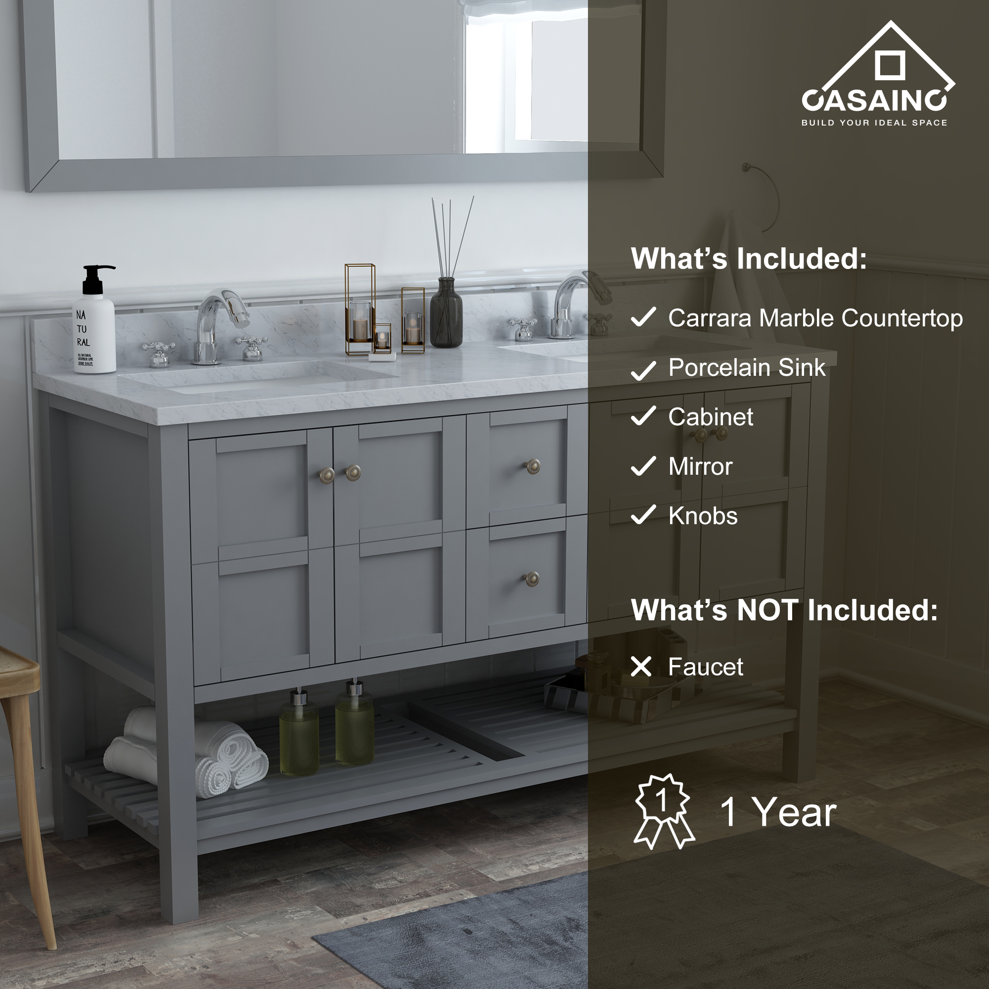 CASAINC Bathroom Vanity 60 x 22 x 35.4 with 1.2" Thickness Countertop & Backsplash, Bothe Side Rectangular Sink, 4 Soft Closing Doors, 2 Dove Tail Drawer Construction, Soft Close Drawer Hinges, Gray, White (With Mirror)
