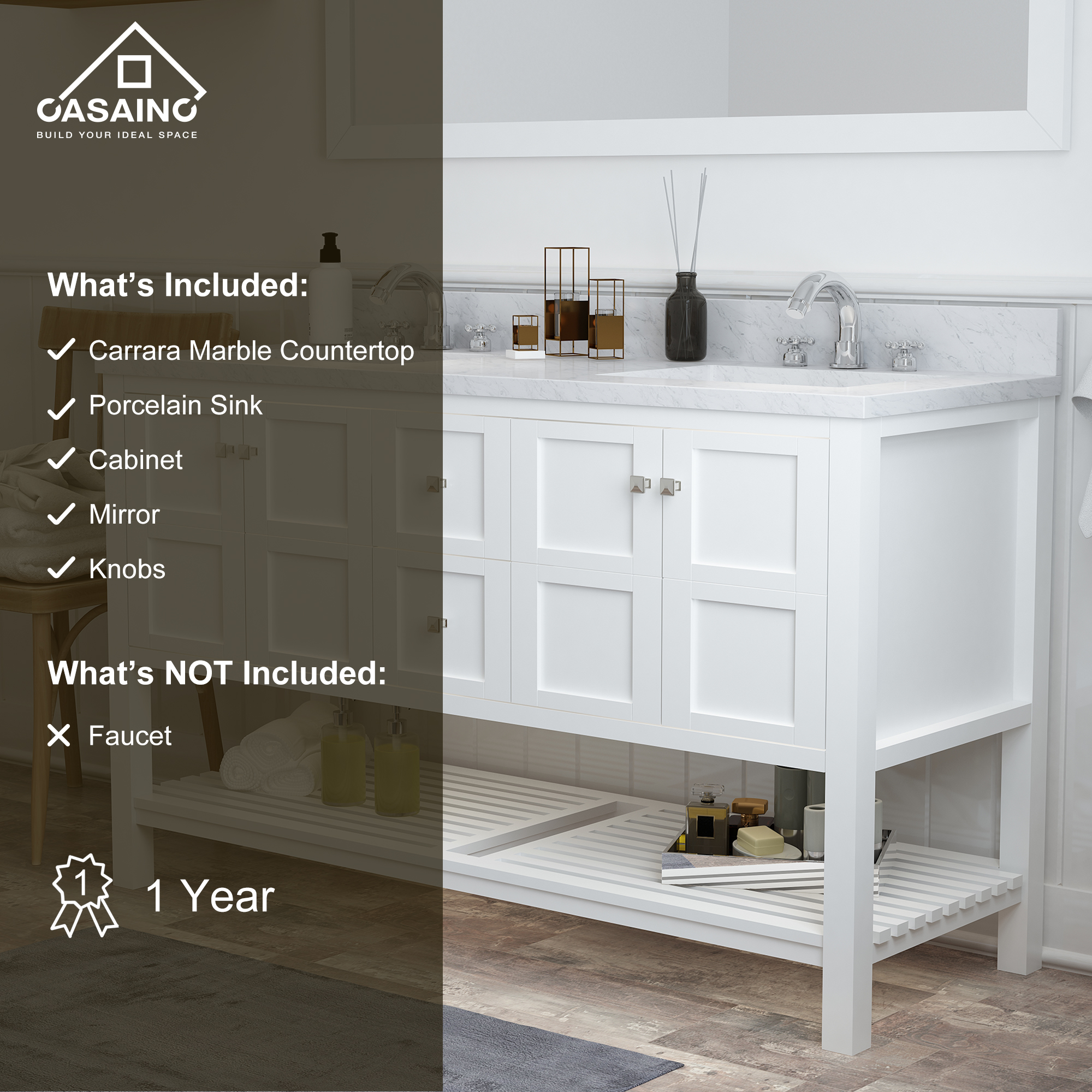 CASAINC Bathroom Vanity 60 x 22 x 35.4 with 1.2" Thickness Countertop & Backsplash, Bothe Side Rectangular Sink, 4 Soft Closing Doors, 2 Dove Tail Drawer Construction, Soft Close Drawer Hinges, Gray, White (With Mirror)