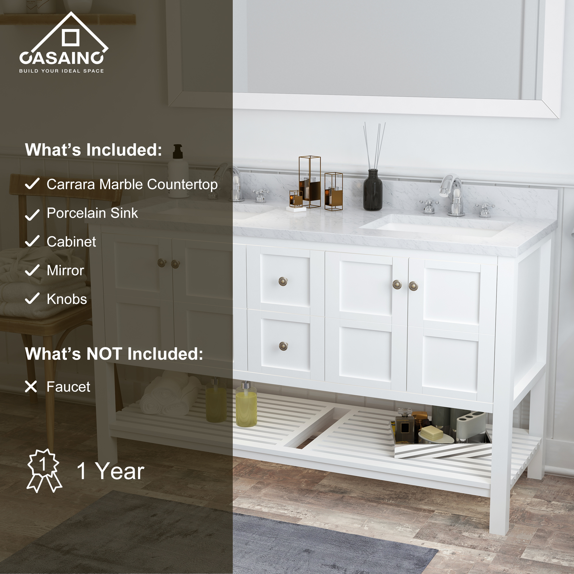 CASAINC Bathroom Vanity 60 x 22 x 35.4 with 1.2" Thickness Countertop & Backsplash, Bothe Side Rectangular Sink, 4 Soft Closing Doors, 2 Dove Tail Drawer Construction, Soft Close Drawer Hinges, Gray, White (With Mirror)