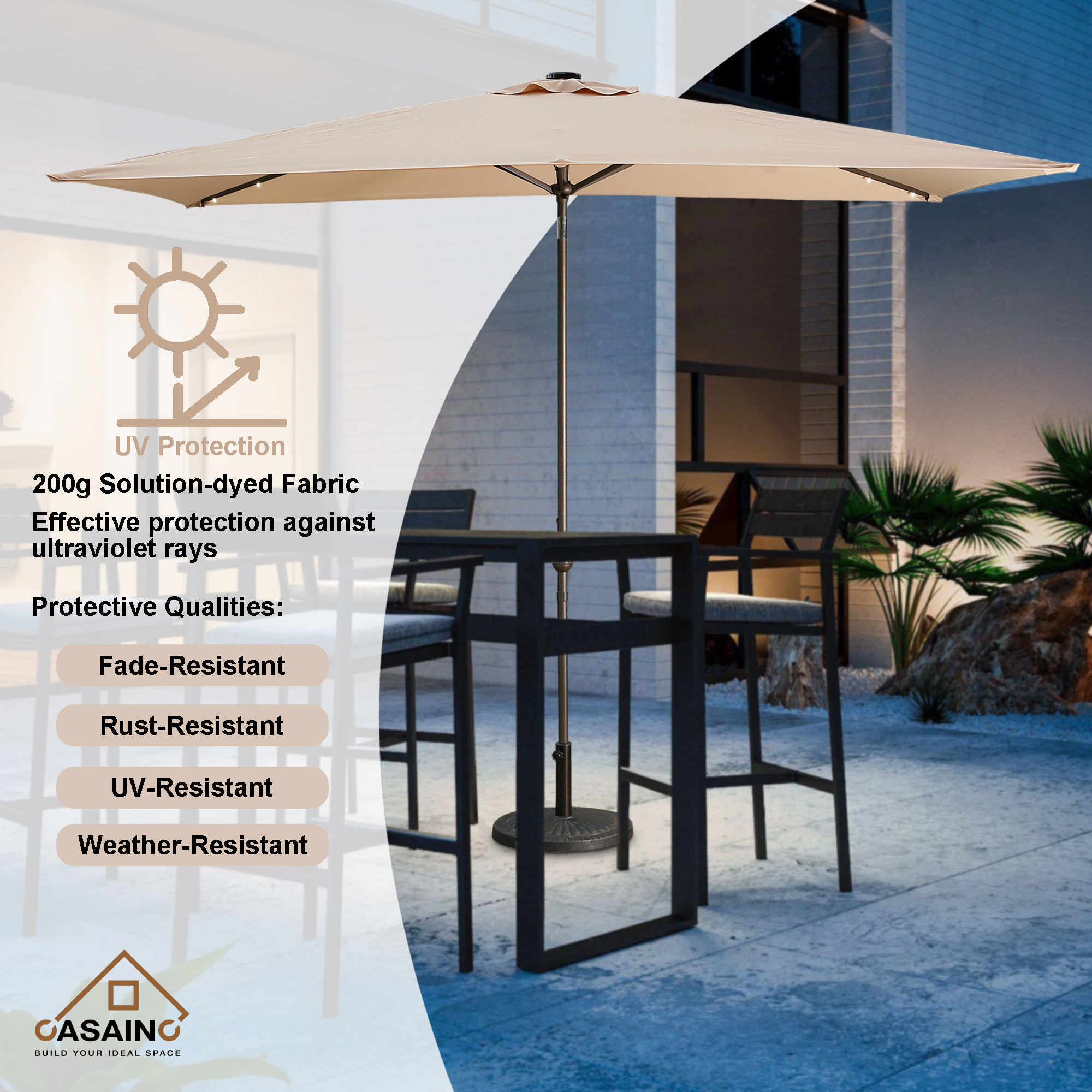 CASAINC 10 Ft. Rectangular Outdoor Patio Umbrella with 26 Solar LED Lights Without Umbrella Base