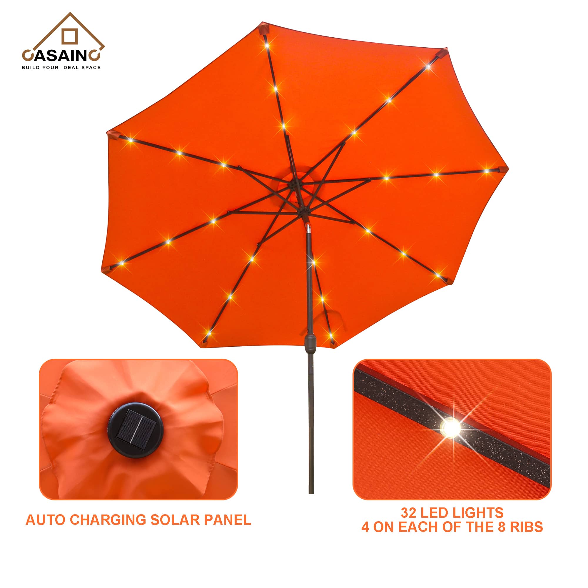 CASAINC 9Ft Patio Umbrella with 32 LED Solar Lights