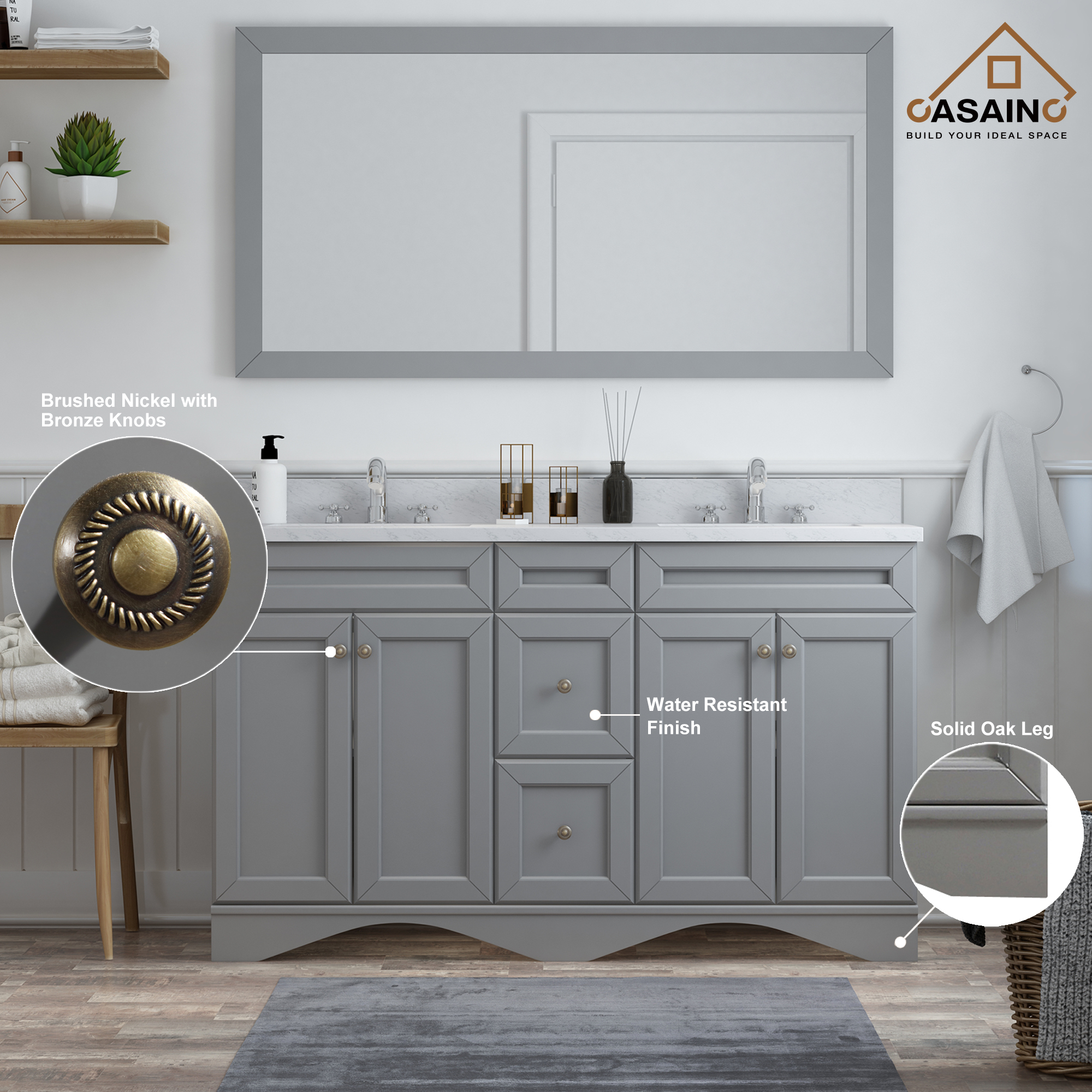 CASAINC 60" Solid Wood Bathroom Vanity with 1.2" Edge Italian Carrara Marble Countertop & Backsplash, Center Rectangular Sink, 4 Soft Closing Doors, 2 functional drawers, Grey, Matte White, Mirror, No Mirror