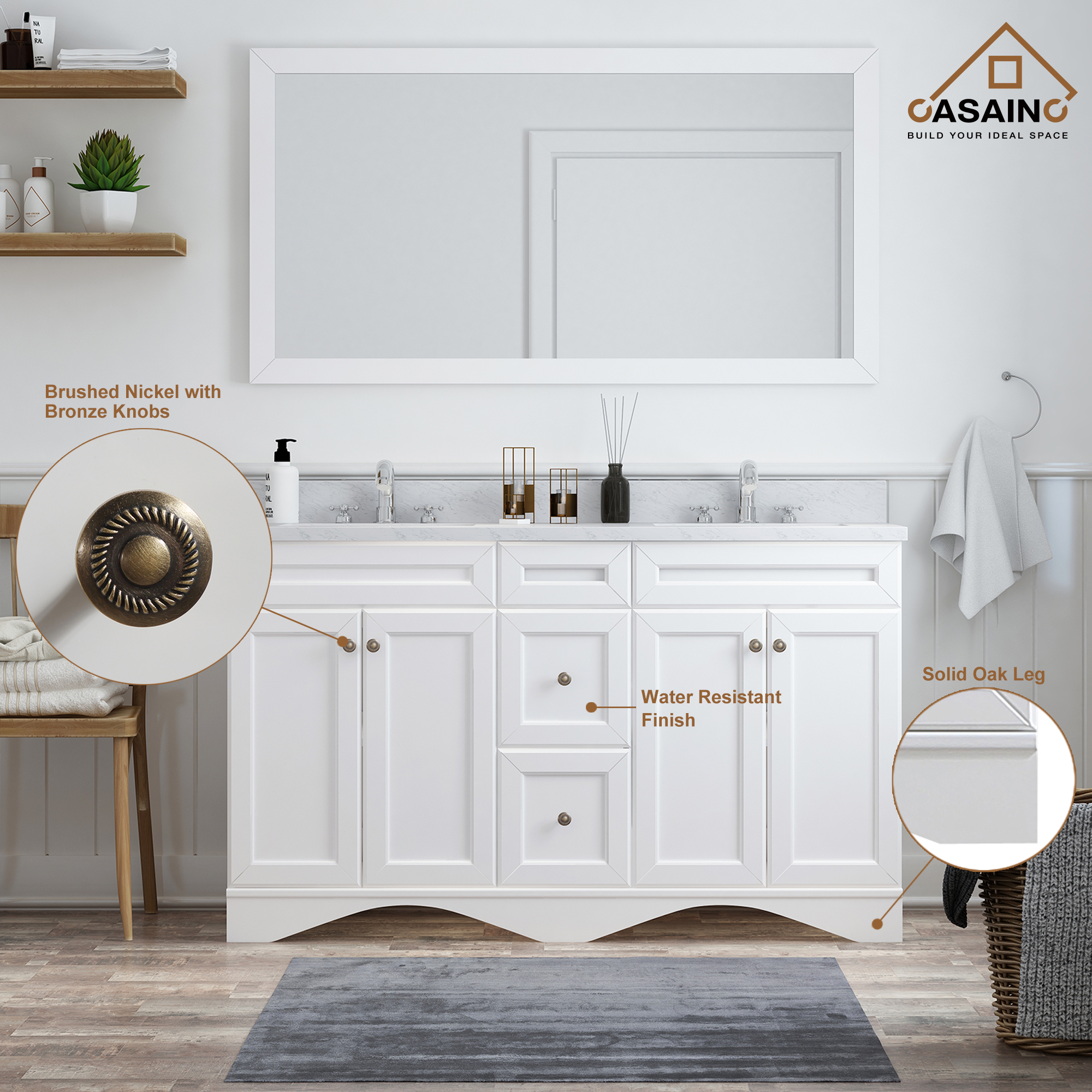 CASAINC 60" Solid Wood Bathroom Vanity with 1.2" Edge Italian Carrara Marble Countertop & Backsplash, Center Rectangular Sink, 4 Soft Closing Doors, 2 functional drawers, Grey, Matte White, Mirror, No Mirror