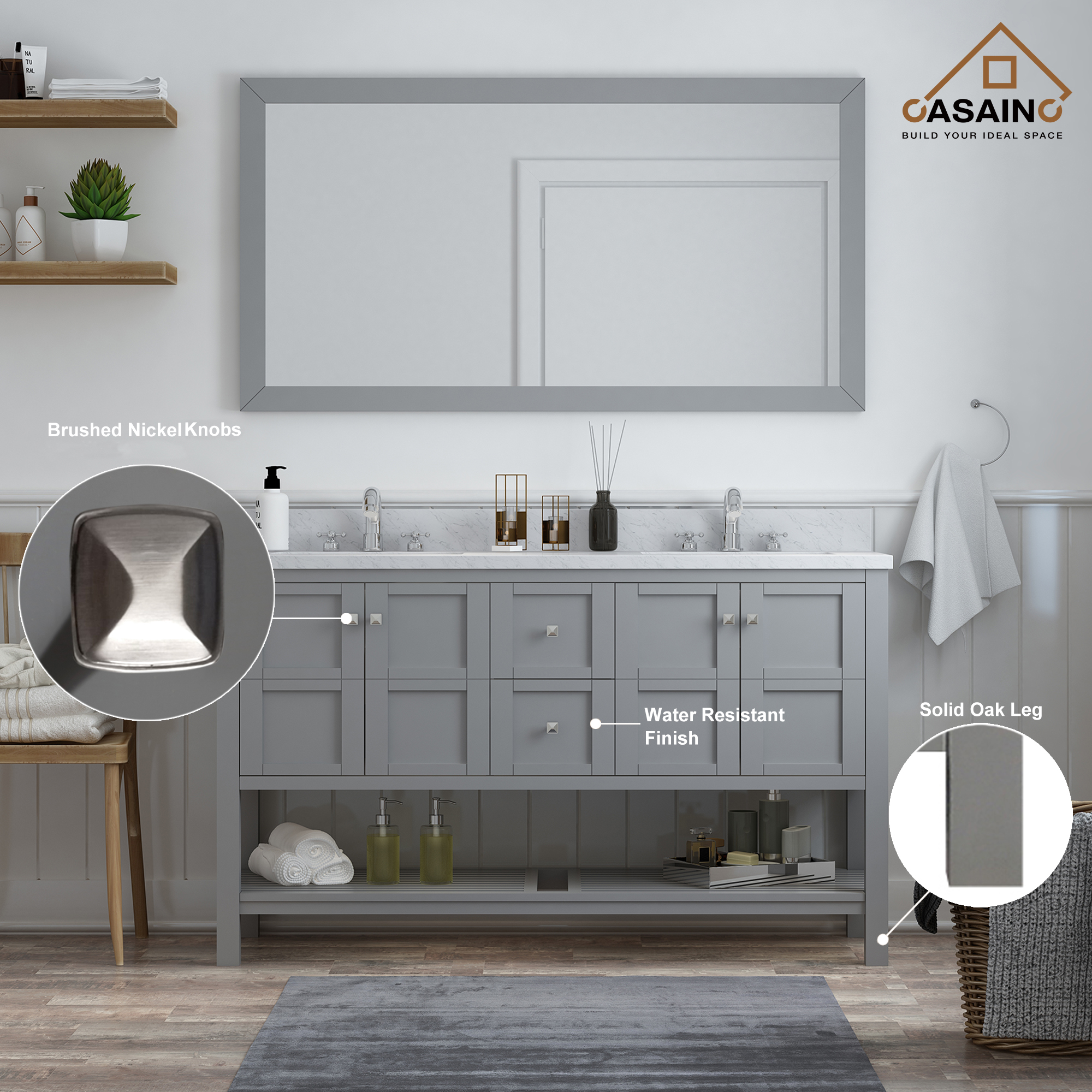 CASAINC Bathroom Vanity 60 x 22 x 35.4 with 1.2" Thickness Countertop & Backsplash, Bothe Side Rectangular Sink, 4 Soft Closing Doors, 2 Dove Tail Drawer Construction, Soft Close Drawer Hinges, Gray, White (With Mirror)