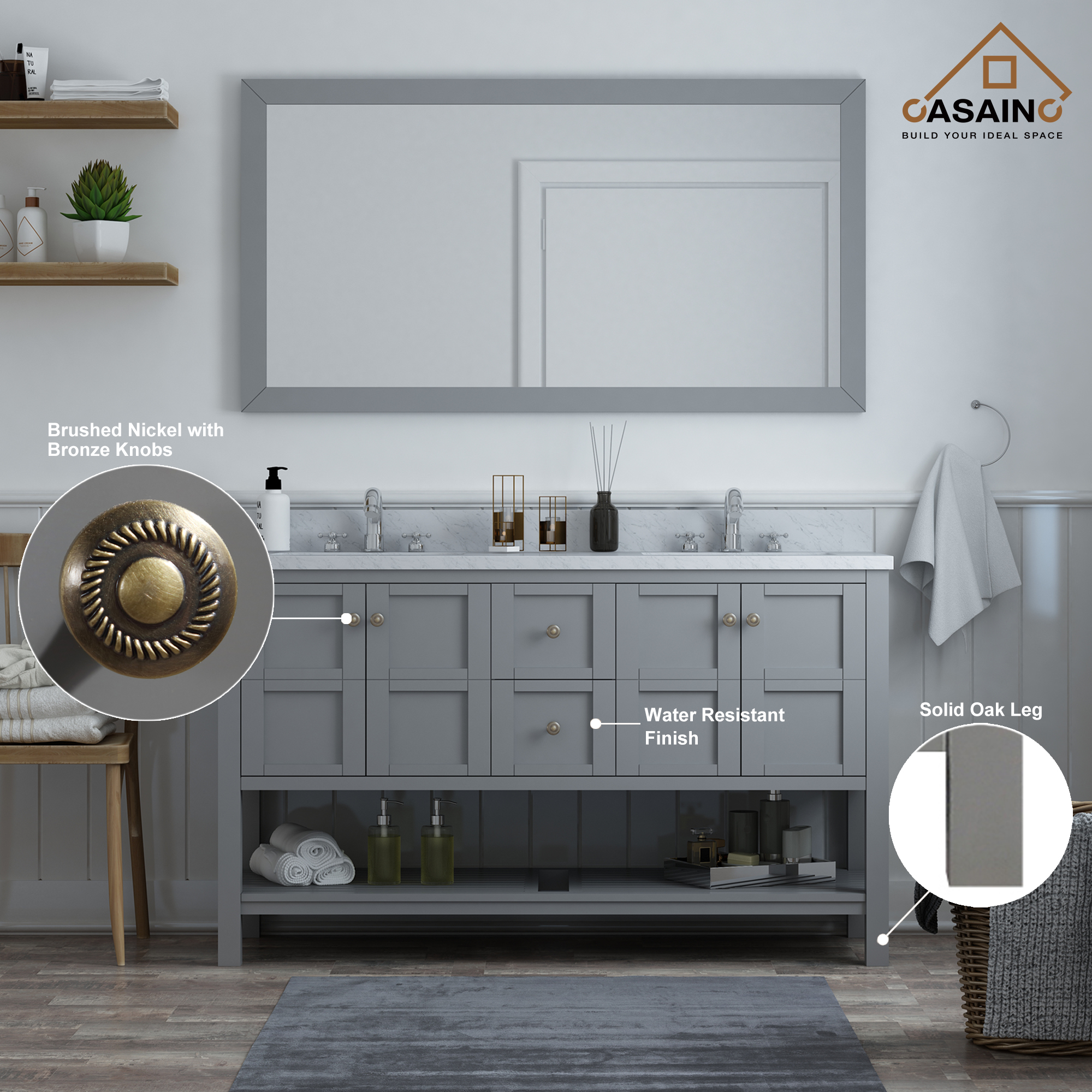 CASAINC Bathroom Vanity 60 x 22 x 35.4 with 1.2" Thickness Countertop & Backsplash, Bothe Side Rectangular Sink, 4 Soft Closing Doors, 2 Dove Tail Drawer Construction, Soft Close Drawer Hinges, Gray, White (With Mirror)
