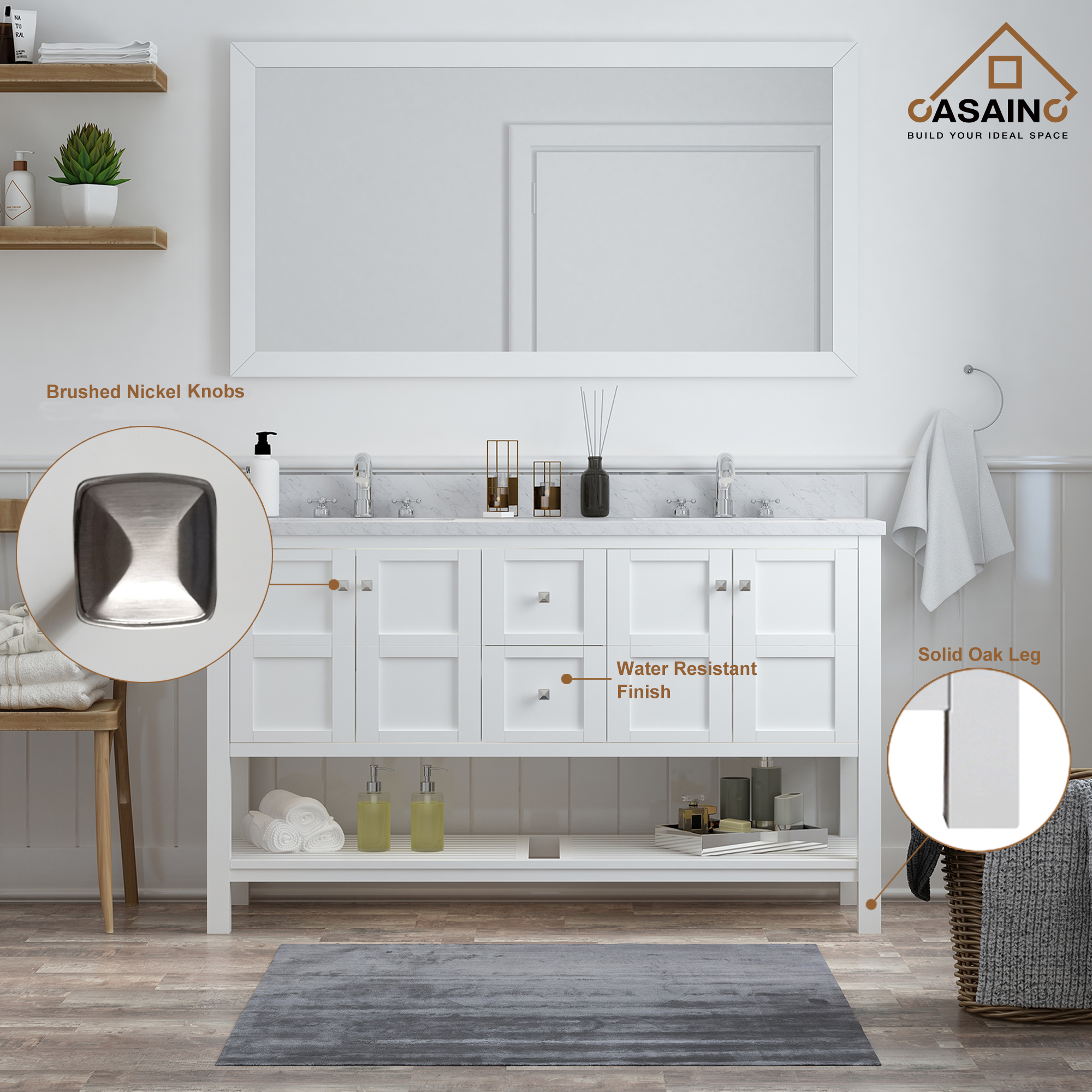 CASAINC Bathroom Vanity 60 x 22 x 35.4 with 1.2" Thickness Countertop & Backsplash, Bothe Side Rectangular Sink, 4 Soft Closing Doors, 2 Dove Tail Drawer Construction, Soft Close Drawer Hinges, Gray, White (With Mirror)