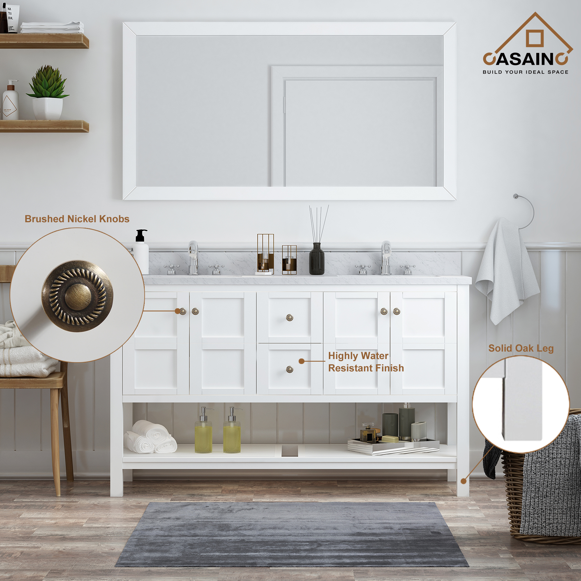 CASAINC Bathroom Vanity 60 x 22 x 35.4 with 1.2" Thickness Countertop & Backsplash, Bothe Side Rectangular Sink, 4 Soft Closing Doors, 2 Dove Tail Drawer Construction, Soft Close Drawer Hinges, Gray, White (With Mirror)