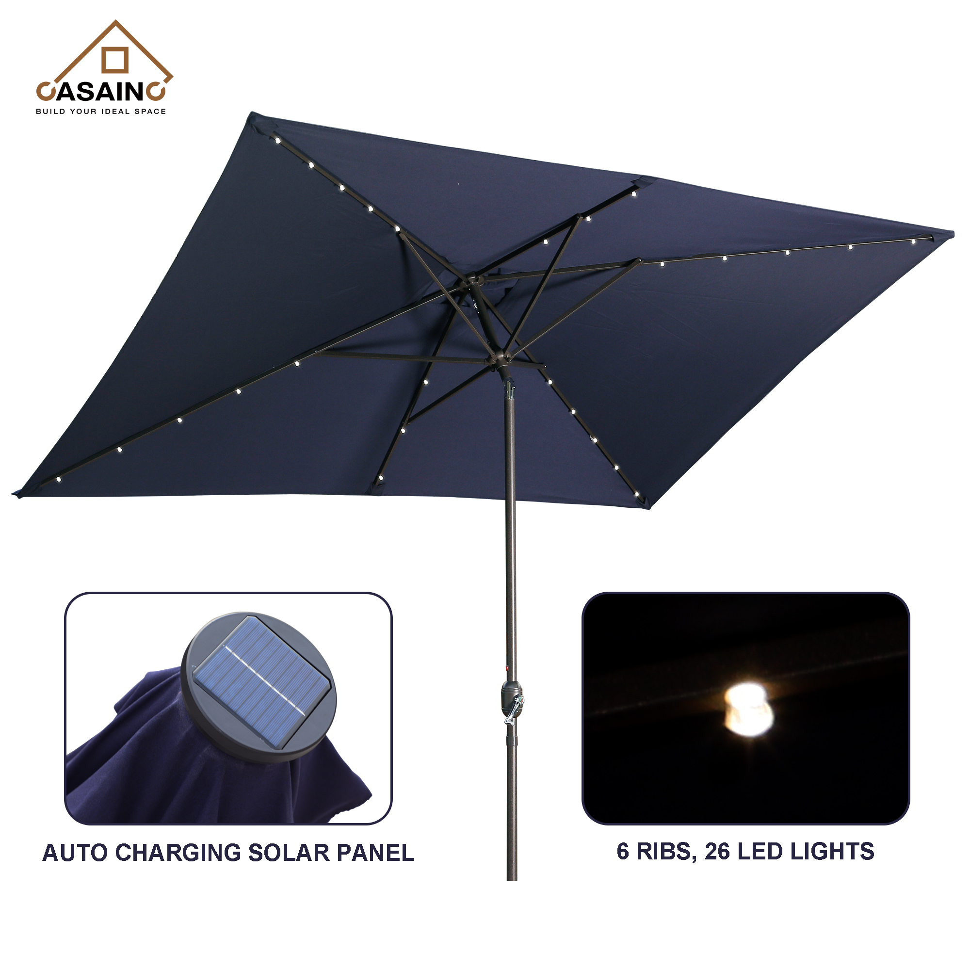 CASAINC 10Ft Rectangular Outdoor Umbrella with 26 LED Lights