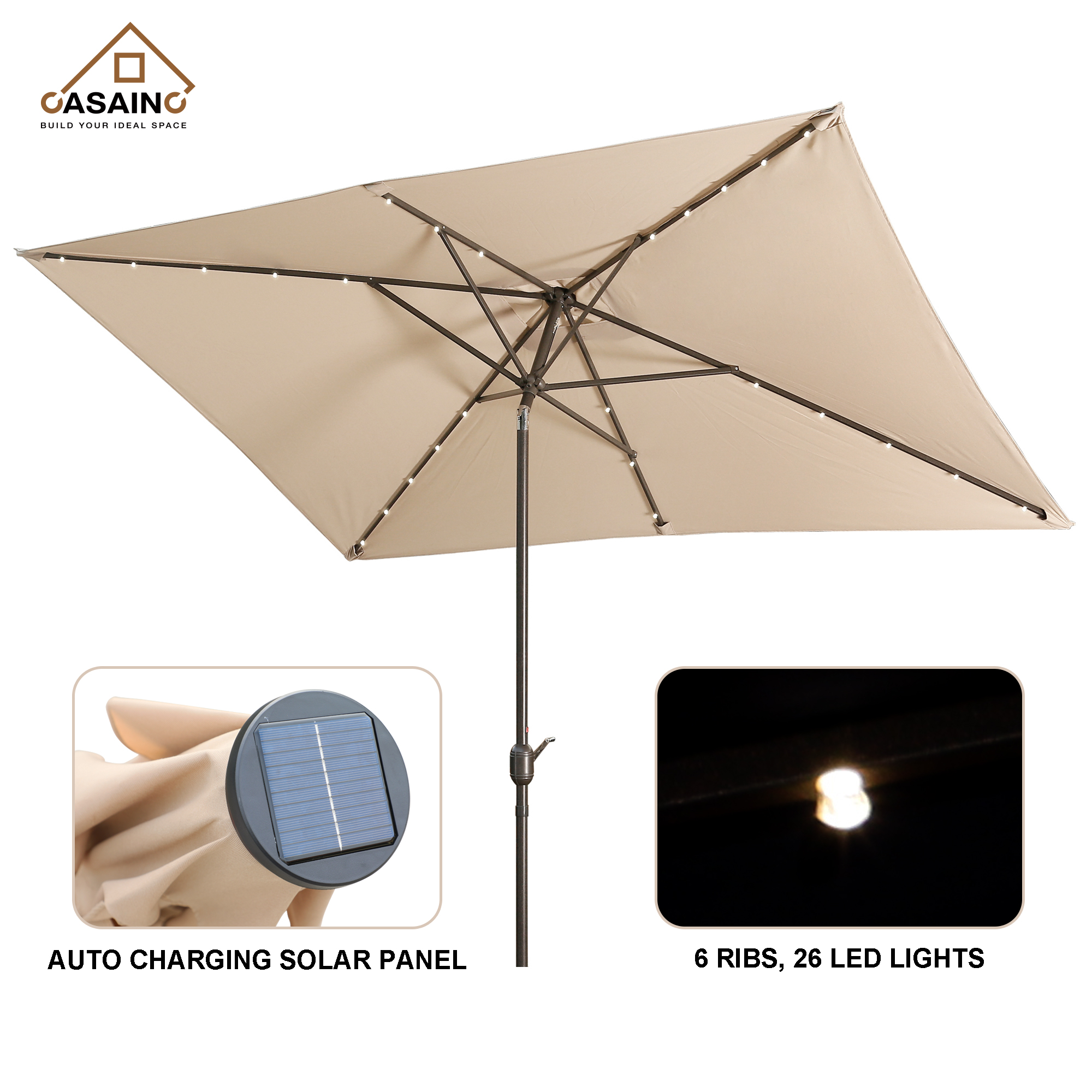 CASAINC 10 Ft. Rectangular Outdoor Patio Umbrella with 26 Solar LED Lights Without Umbrella Base