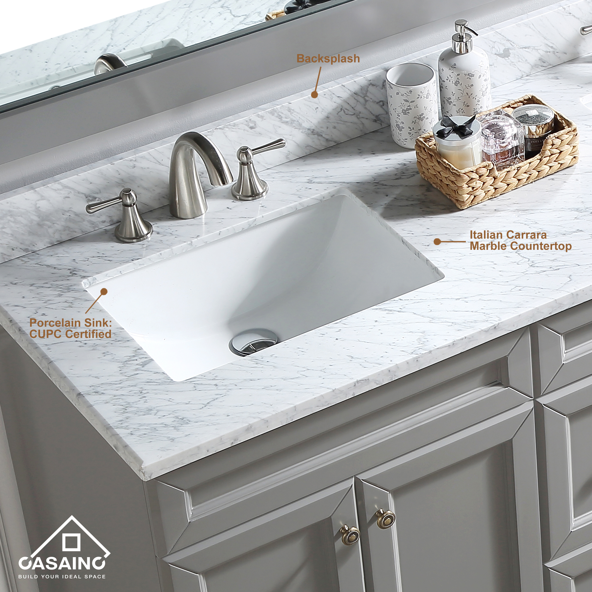 CASAINC 60" Solid Wood Bathroom Vanity with 1.2" Edge Italian Carrara Marble Countertop & Backsplash, Center Rectangular Sink, 4 Soft Closing Doors, 2 functional drawers, Grey, Matte White, Mirror, No Mirror