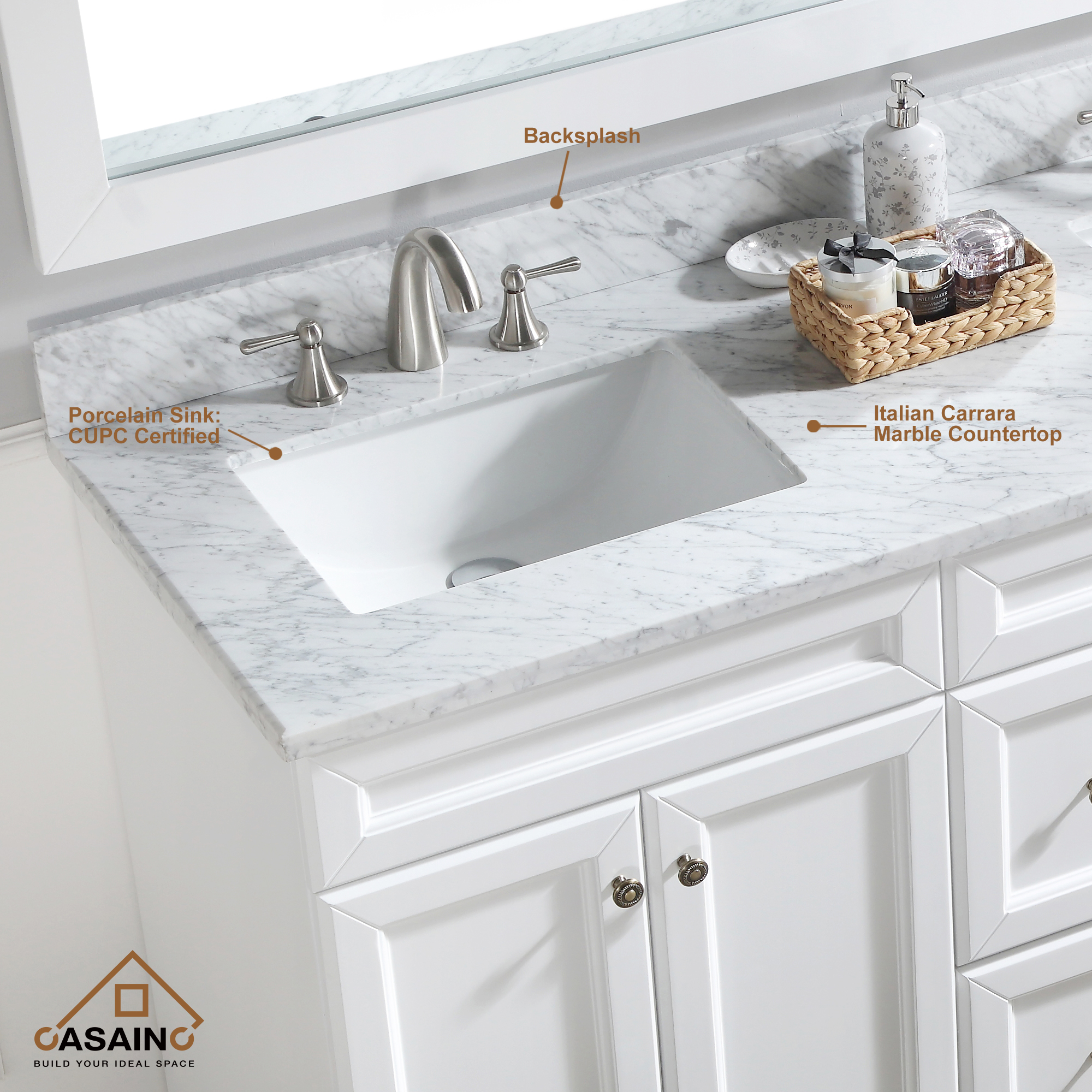 CASAINC 60" Solid Wood Bathroom Vanity with 1.2" Edge Italian Carrara Marble Countertop & Backsplash, Center Rectangular Sink, 4 Soft Closing Doors, 2 functional drawers, Grey, Matte White, Mirror, No Mirror