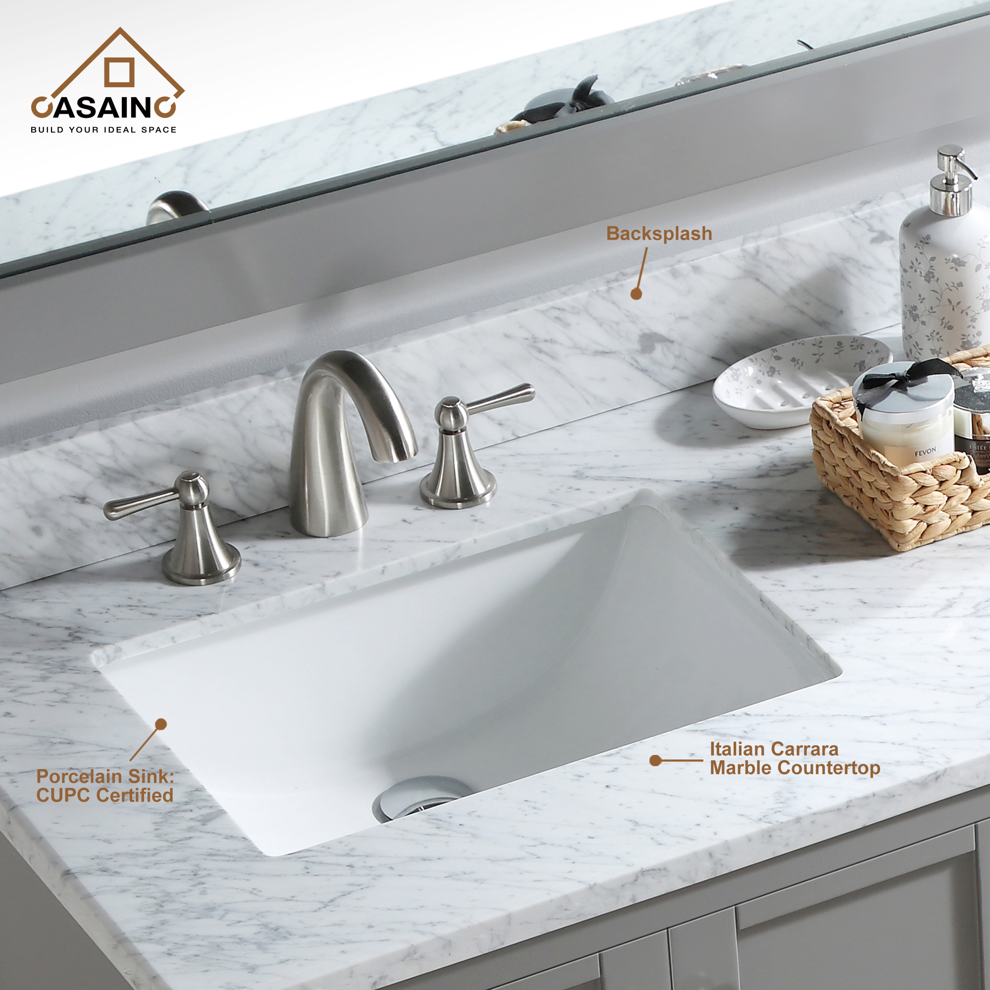 CASAINC Bathroom Vanity 60 x 22 x 35.4 with 1.2" Thickness Countertop & Backsplash, Bothe Side Rectangular Sink, 4 Soft Closing Doors, 2 Dove Tail Drawer Construction, Soft Close Drawer Hinges, Gray, White (With Mirror)