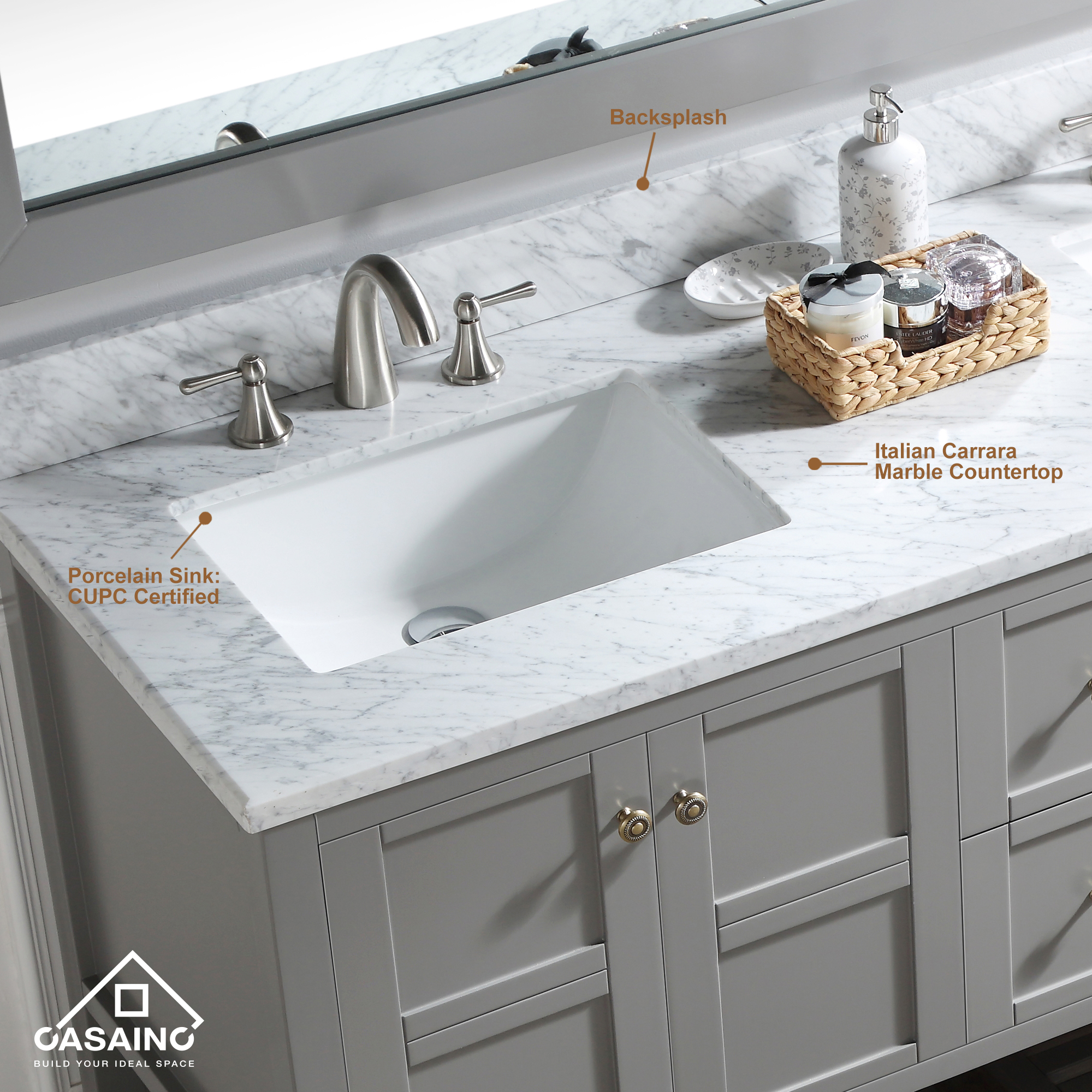 CASAINC Bathroom Vanity 60 x 22 x 35.4 with 1.2" Thickness Countertop & Backsplash, Bothe Side Rectangular Sink, 4 Soft Closing Doors, 2 Dove Tail Drawer Construction, Soft Close Drawer Hinges, Gray, White (With Mirror)