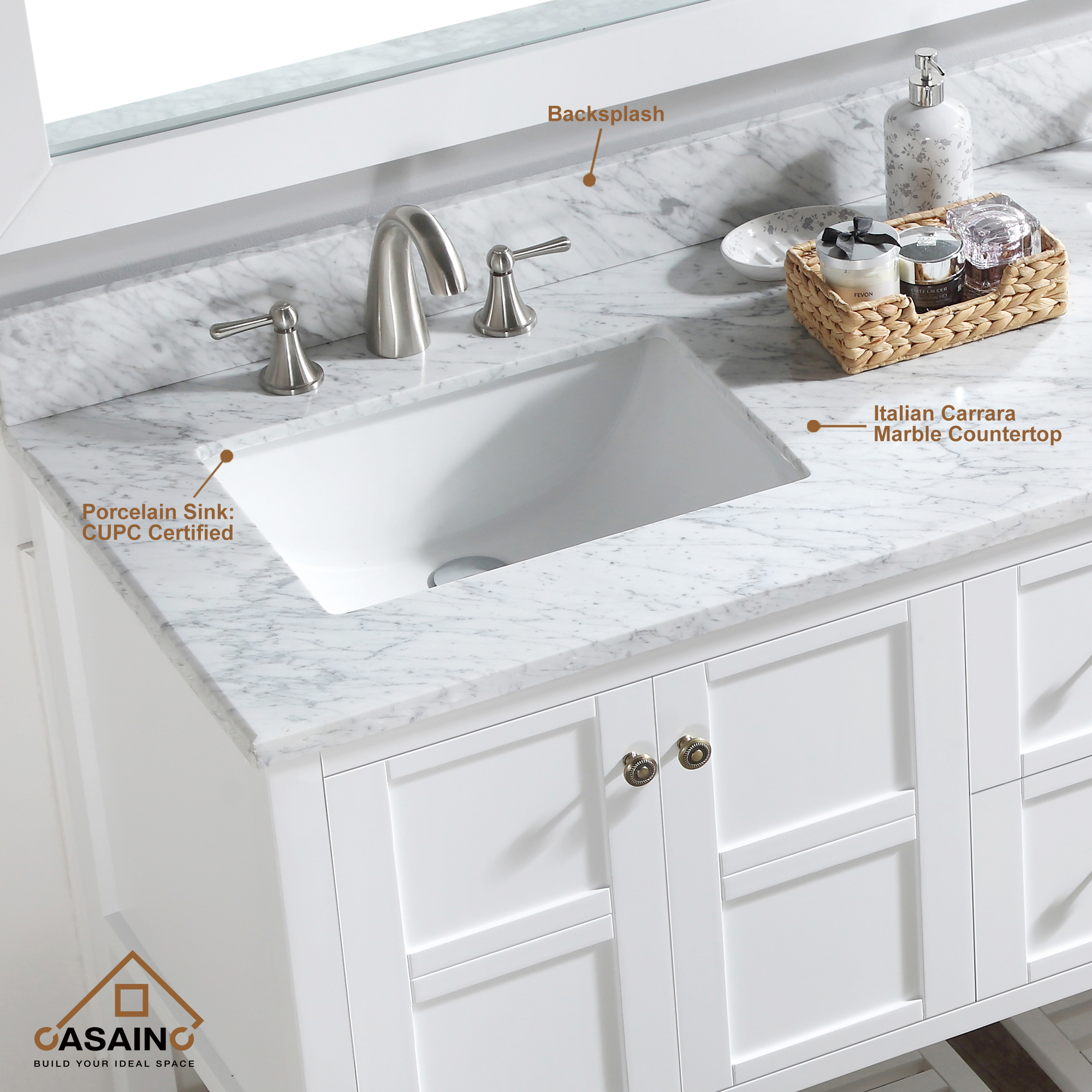 CASAINC Bathroom Vanity 60 x 22 x 35.4 with 1.2" Thickness Countertop & Backsplash, Bothe Side Rectangular Sink, 4 Soft Closing Doors, 2 Dove Tail Drawer Construction, Soft Close Drawer Hinges, Gray, White (With Mirror)