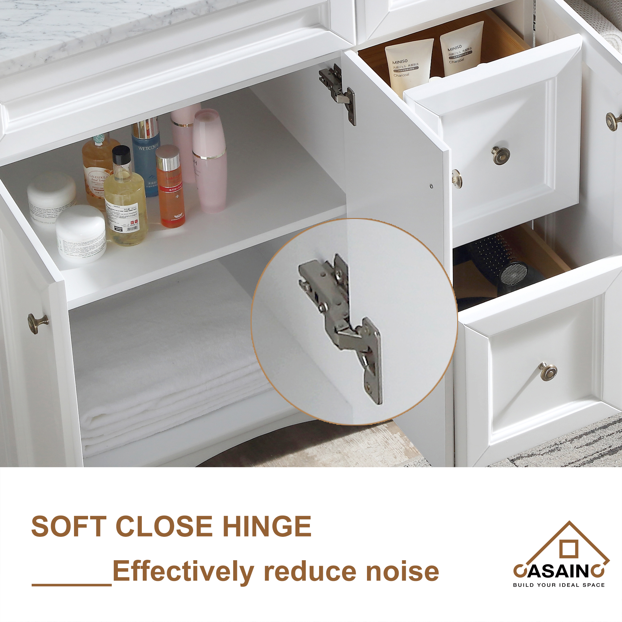 CASAINC 60" Solid Wood Bathroom Vanity with 1.2" Edge Italian Carrara Marble Countertop & Backsplash, Center Rectangular Sink, 4 Soft Closing Doors, 2 functional drawers, Grey, Matte White, Mirror, No Mirror