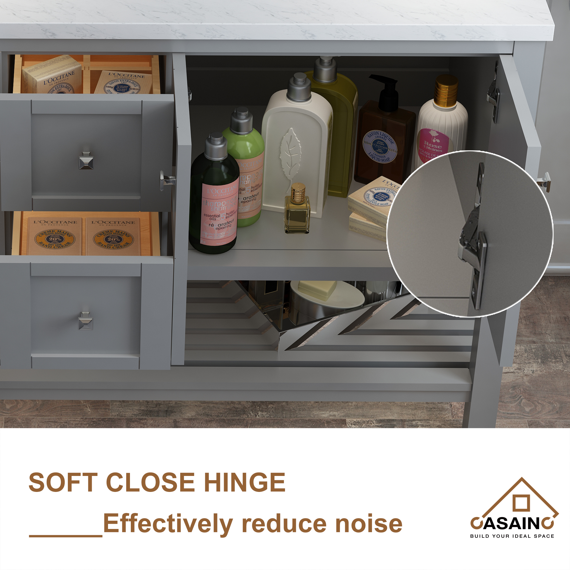 CASAINC Bathroom Vanity 60 x 22 x 35.4 with 1.2" Thickness Countertop & Backsplash, Bothe Side Rectangular Sink, 4 Soft Closing Doors, 2 Dove Tail Drawer Construction, Soft Close Drawer Hinges, Gray, White (With Mirror)