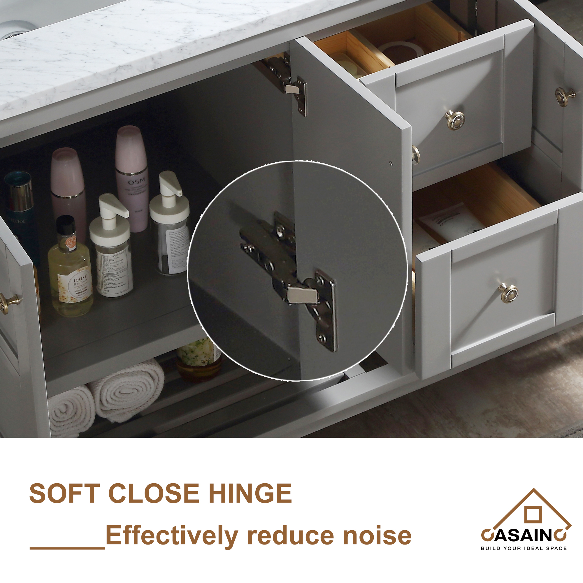 CASAINC Bathroom Vanity 60 x 22 x 35.4 with 1.2" Thickness Countertop & Backsplash, Bothe Side Rectangular Sink, 4 Soft Closing Doors, 2 Dove Tail Drawer Construction, Soft Close Drawer Hinges, Gray, White (With Mirror)