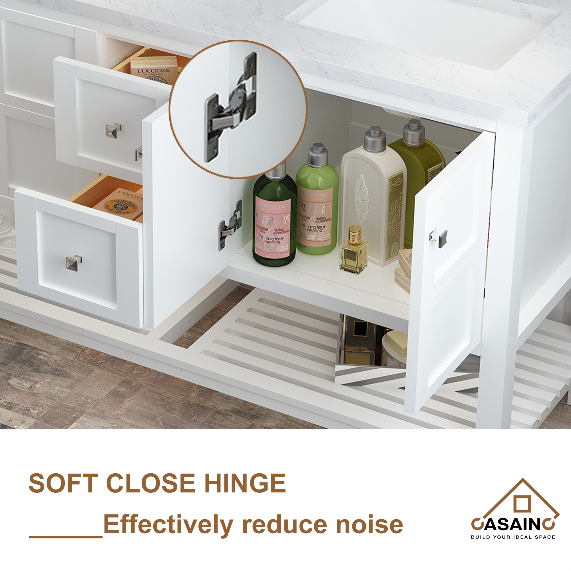 CASAINC Bathroom Vanity 60 x 22 x 35.4 with 1.2" Thickness Countertop & Backsplash, Bothe Side Rectangular Sink, 4 Soft Closing Doors, 2 Dove Tail Drawer Construction, Soft Close Drawer Hinges, Gray, White (With Mirror)