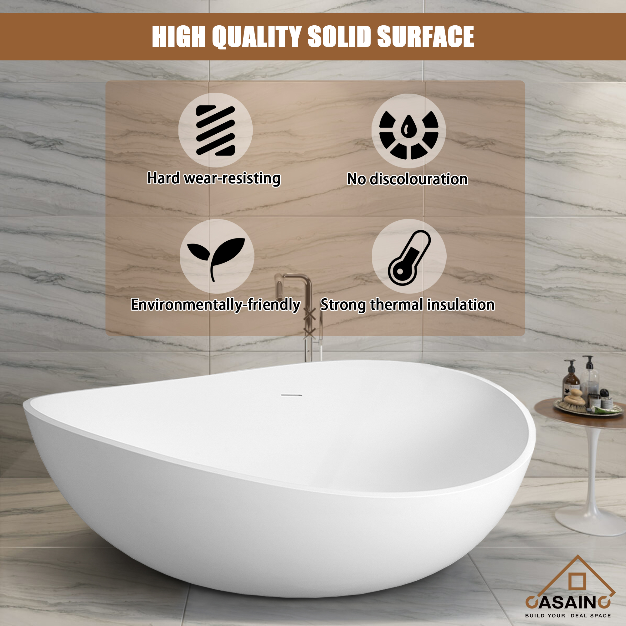 CASAINC 63" Solid Surface Freestanding Bathtub with Overflow and Drain, Matte Black, Matte Grey