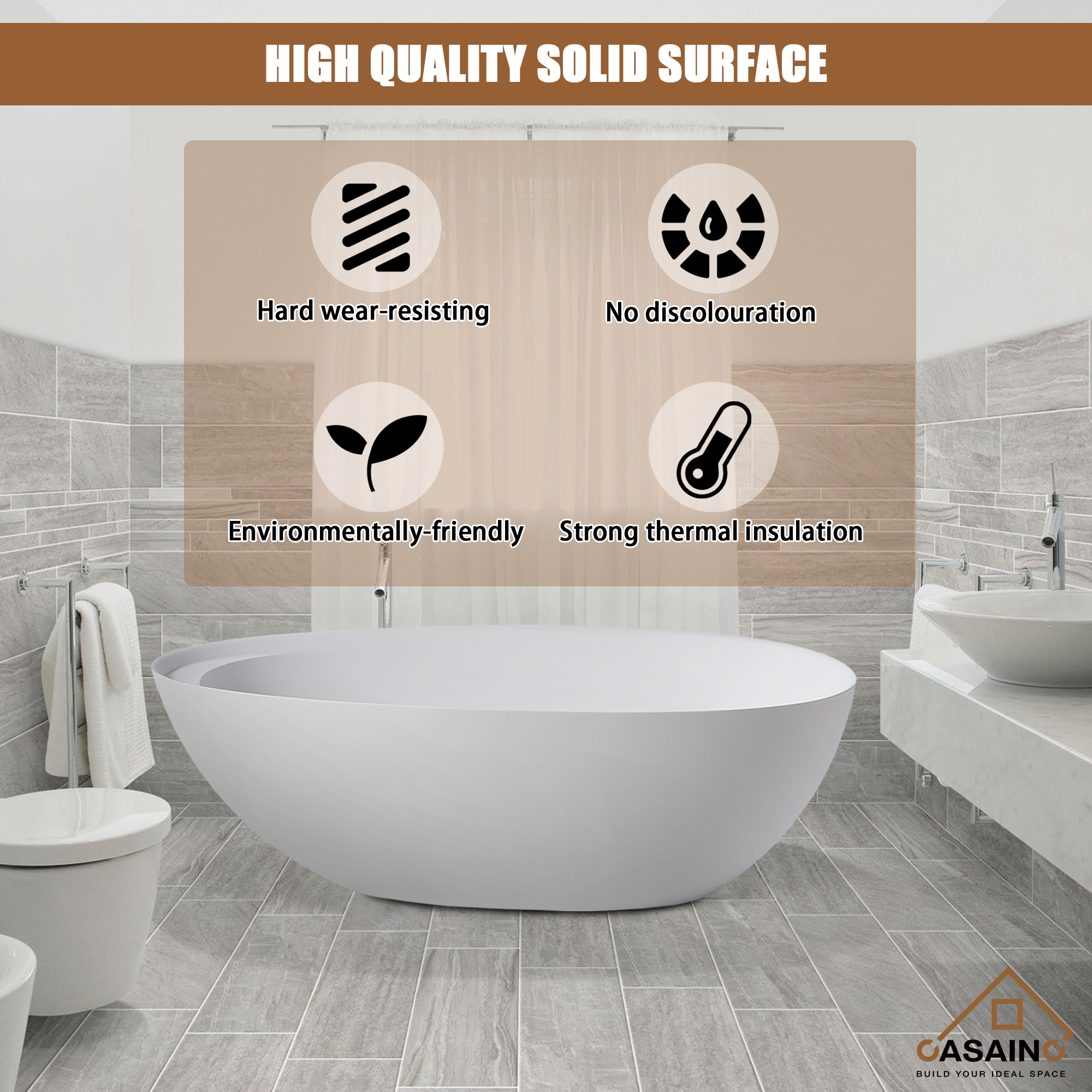 CASAINC 67" Solid Surface Freestanding Bathtub,Egg Shell Shaped Stone Resin Freestanding Tubs with Overflow and  Drain, Matte Black, Matte Grey, Matte White