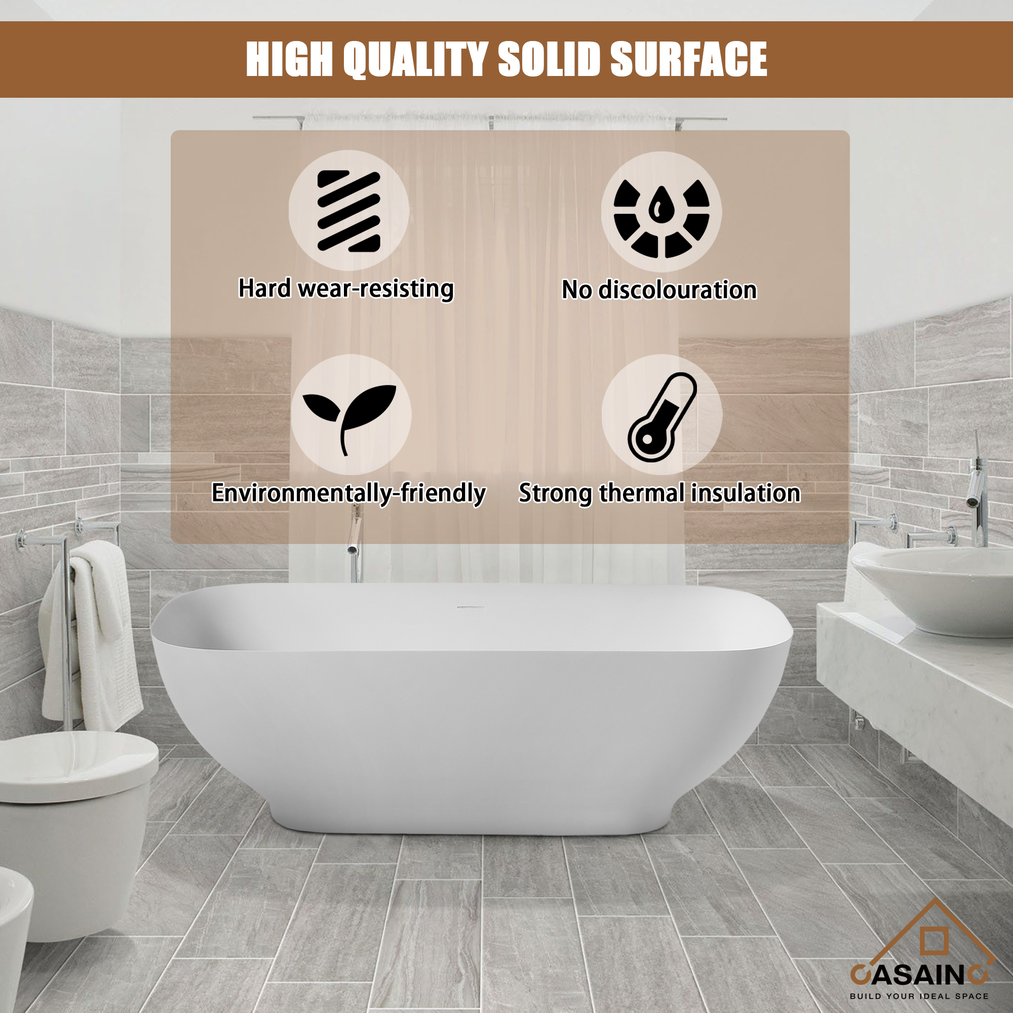 63 inches Solid Surface Freestanding Bathtub