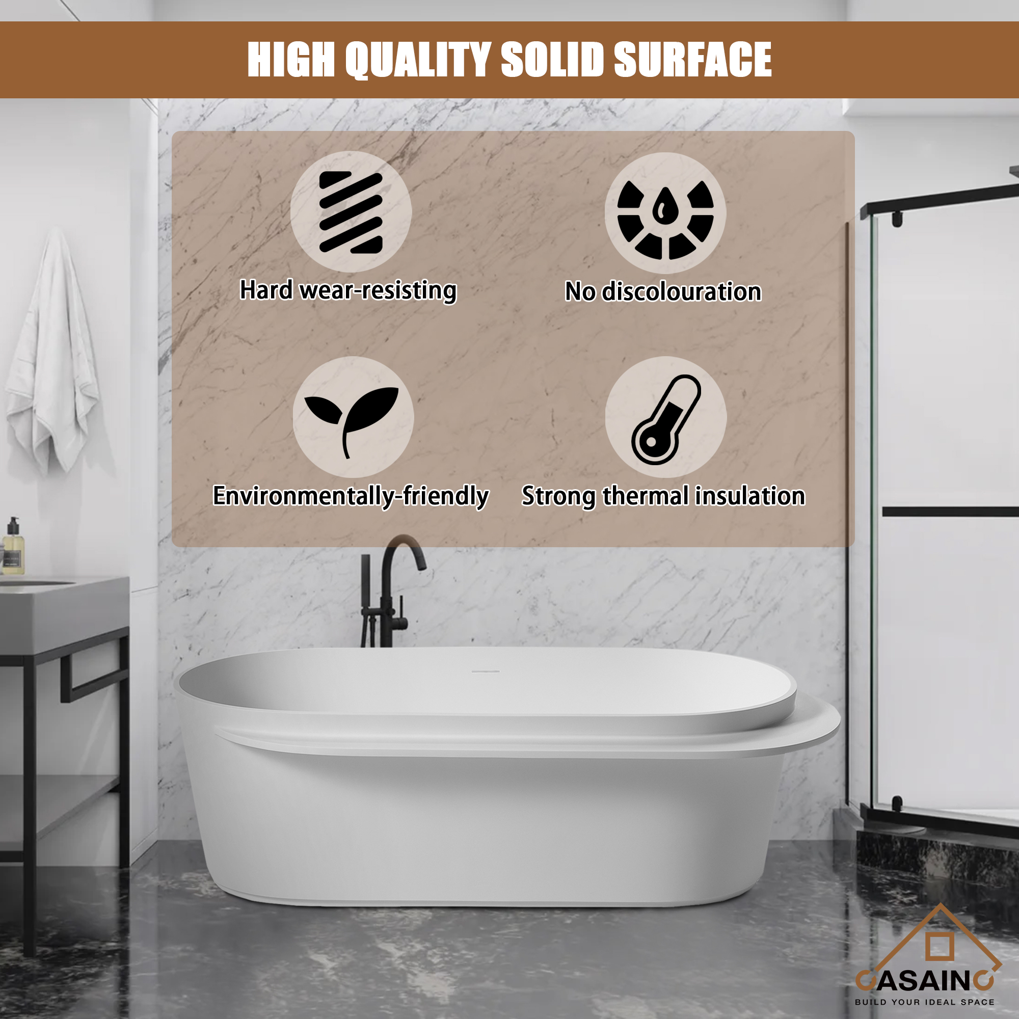 CASAINC 71" Solid Surface Freestanding Bathtub,Oval shape Stone Resin Freestanding Tubs with Overflow and  Drain, Matte White