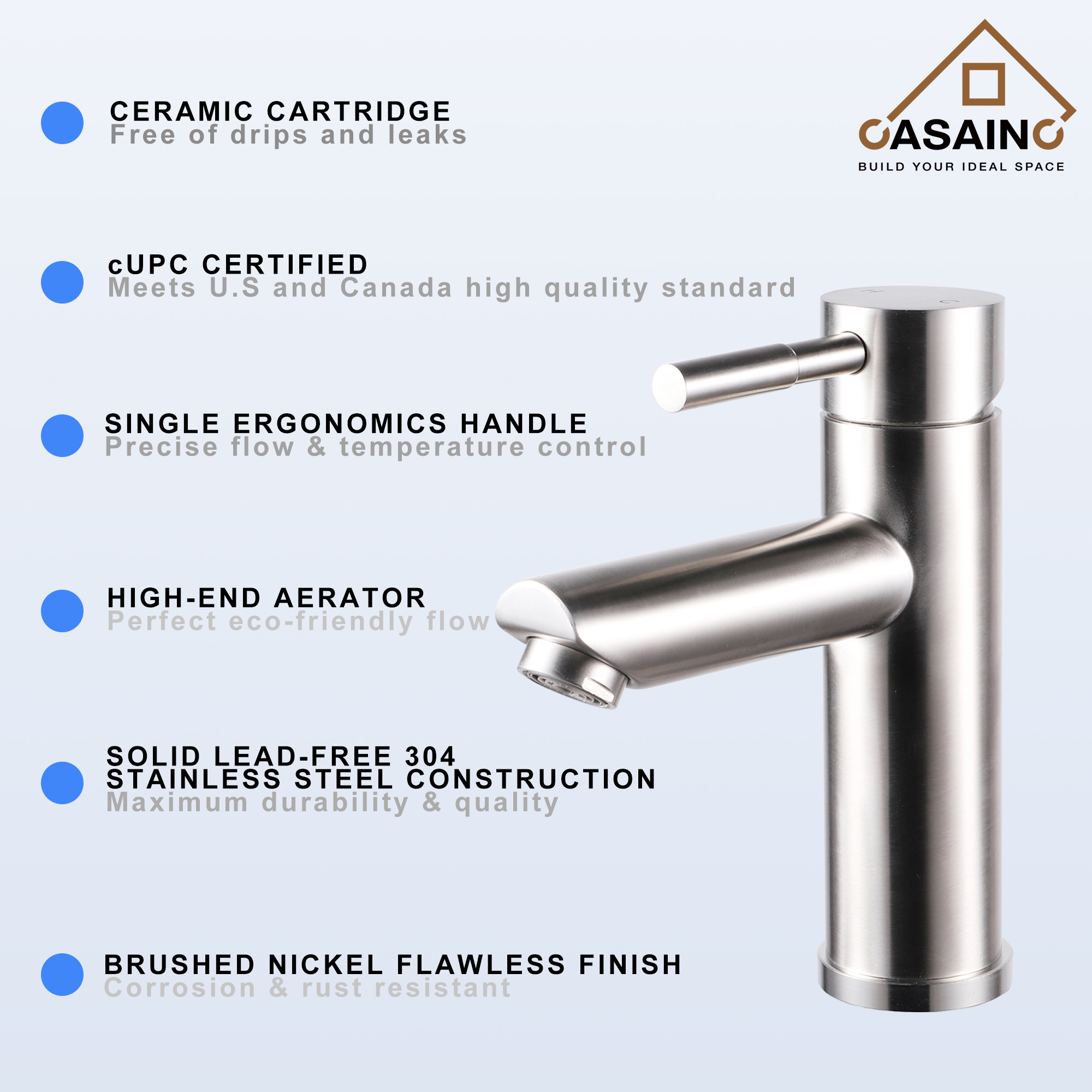 Casainc Brushed Nickel 1-Handle Commercial Freestanding Sink Faucet
