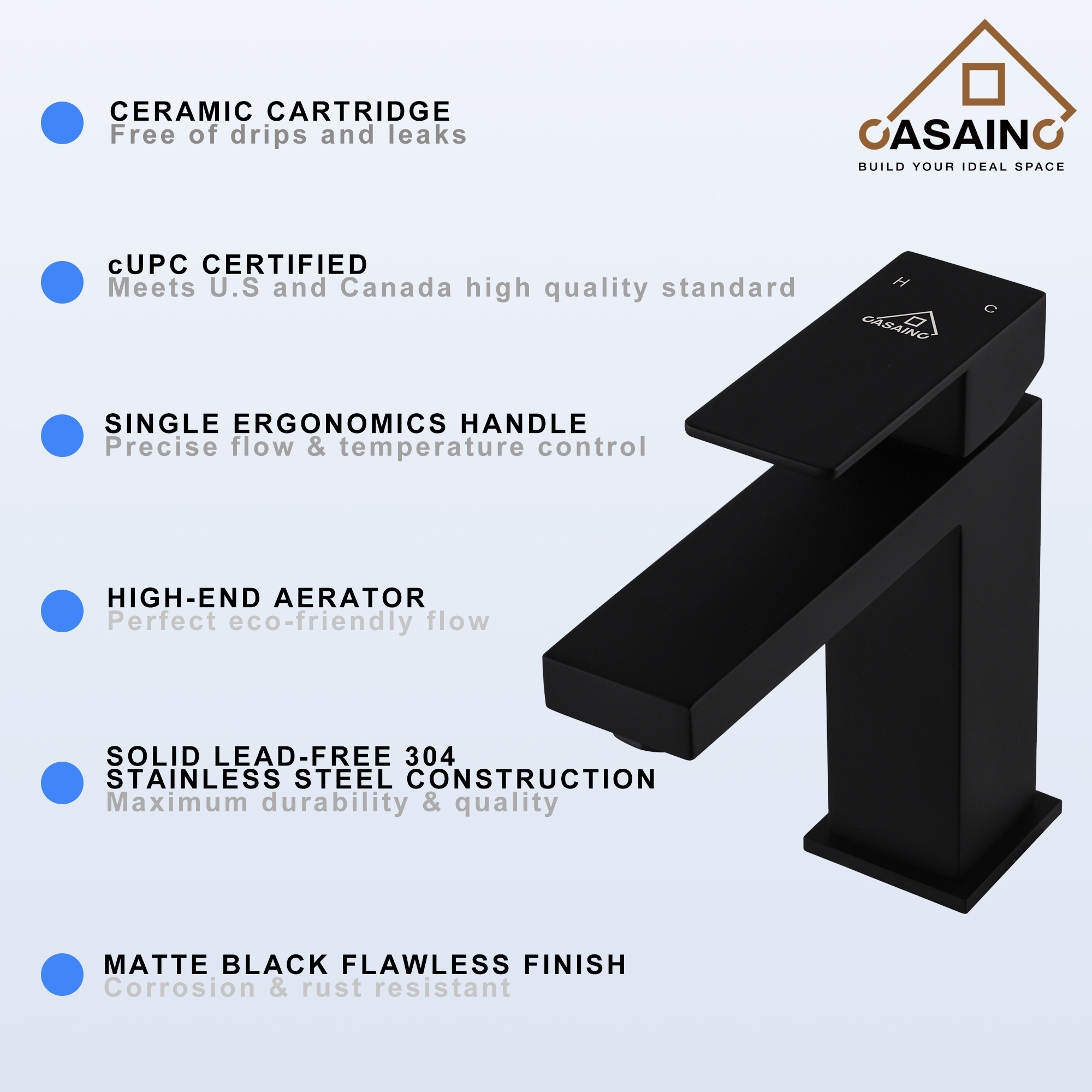 Casainc Matte Black 1-Handle Residential Freestanding Sink Faucet