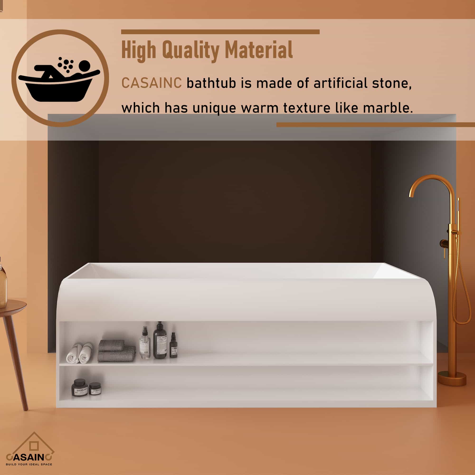 CASAINC 69 Inch Matte White Freestanding Solid Surface Bathtub with Si