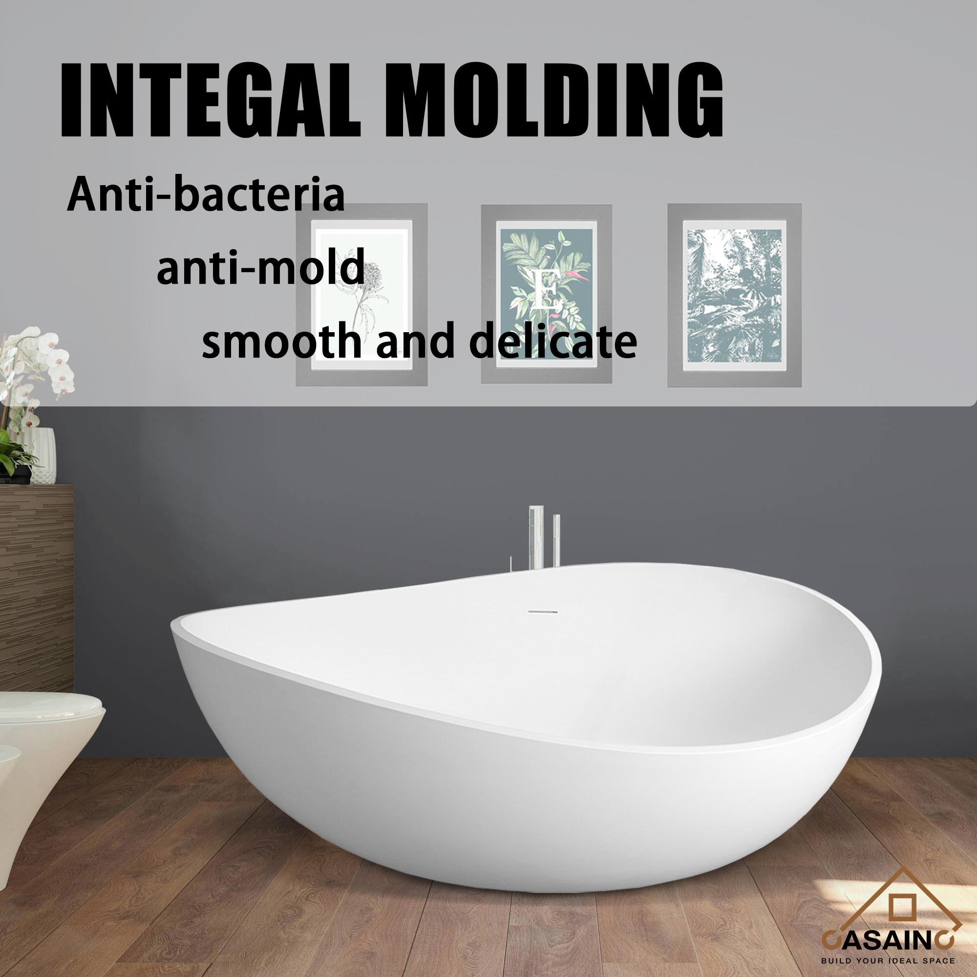 CASAINC 63" Solid Surface Freestanding Bathtub with Overflow and Drain, Matte Black, Matte Grey