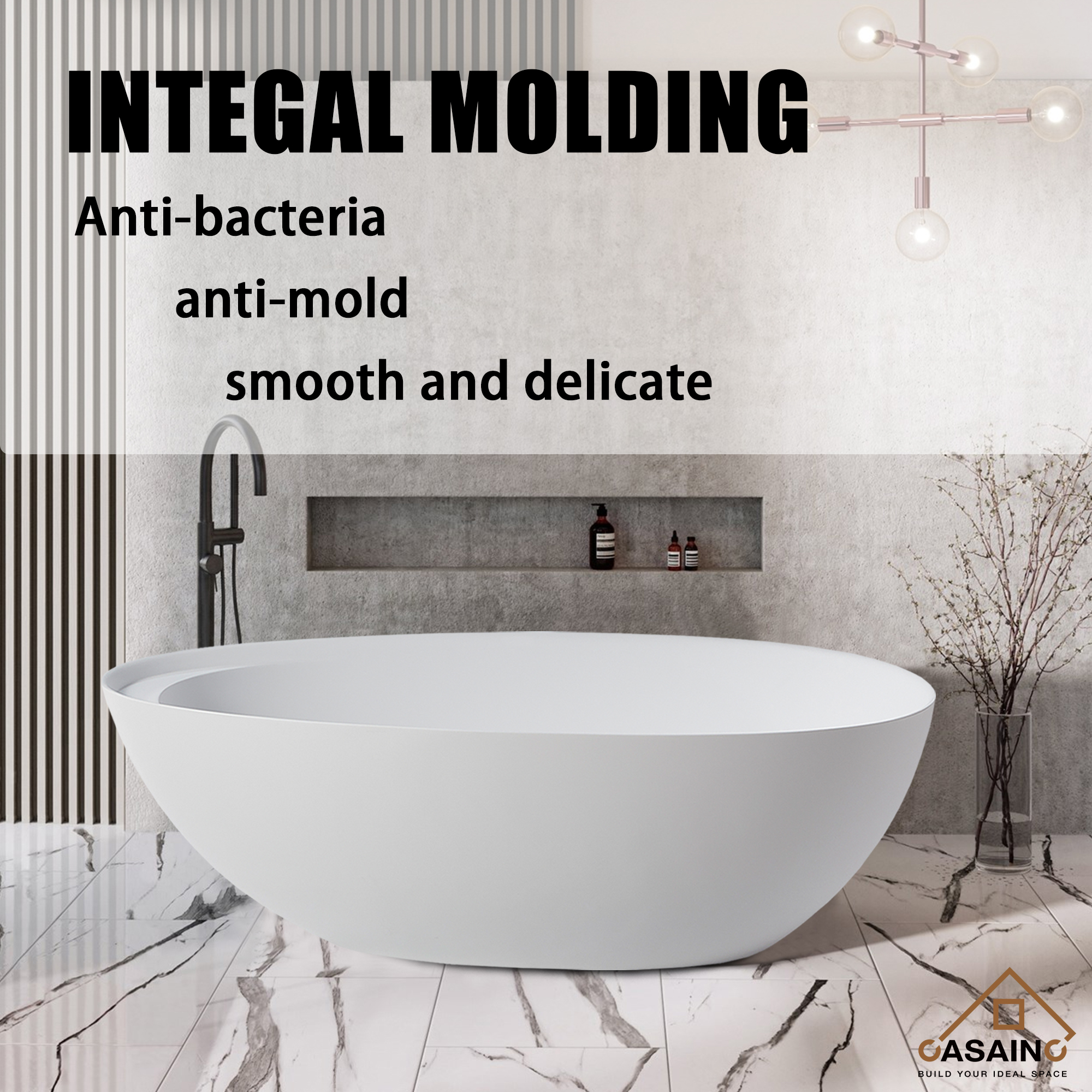 CASAINC 67" Solid Surface Freestanding Bathtub,Egg Shell Shaped Stone Resin Freestanding Tubs with Overflow and  Drain, Matte Black, Matte Grey, Matte White