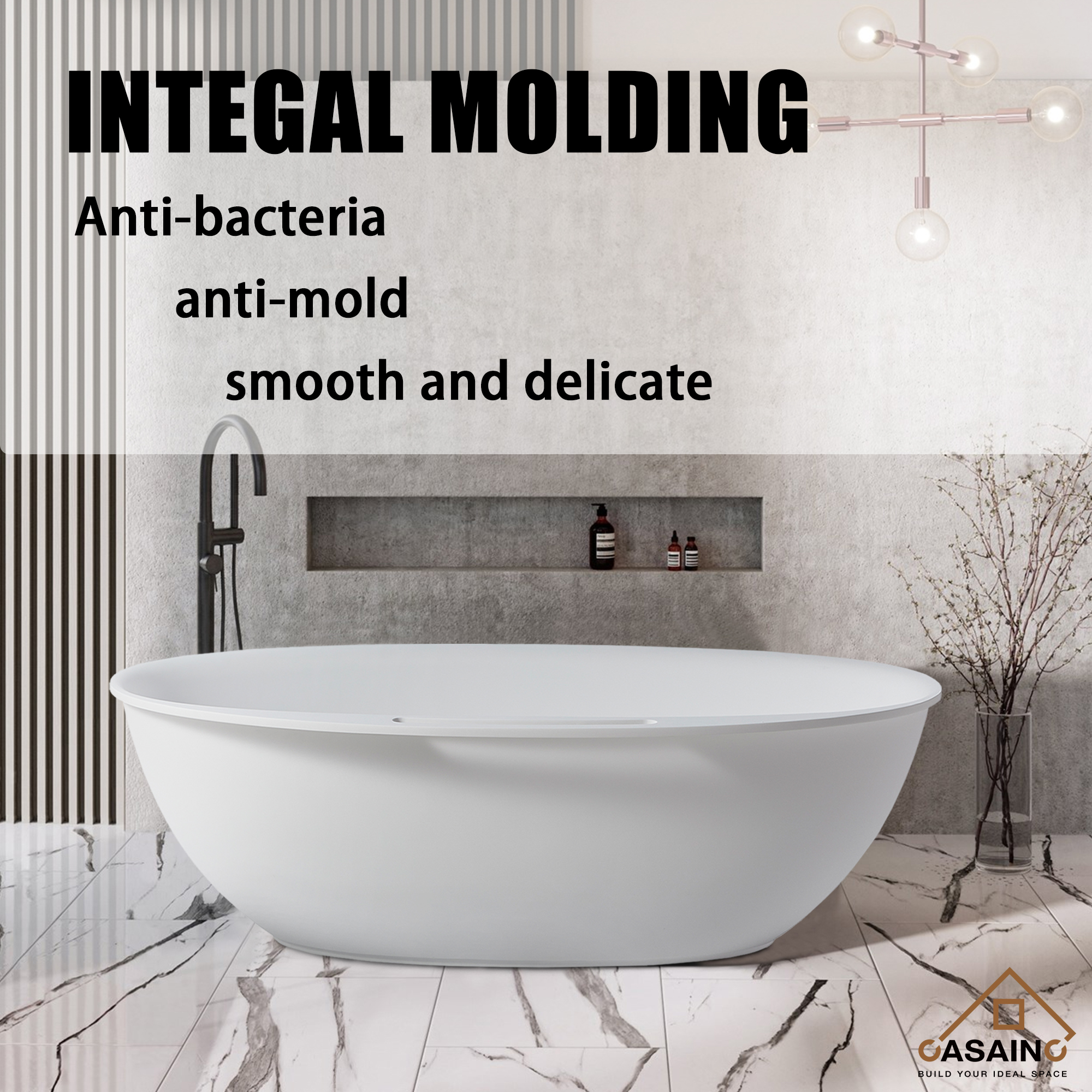 CASAINC 63" Solid Surface Freestanding Bathtub,Oval Shaped Stone Resin Freestanding Tubs with Overflow and  Drain, Matte Black, Matte Grey, Matte White