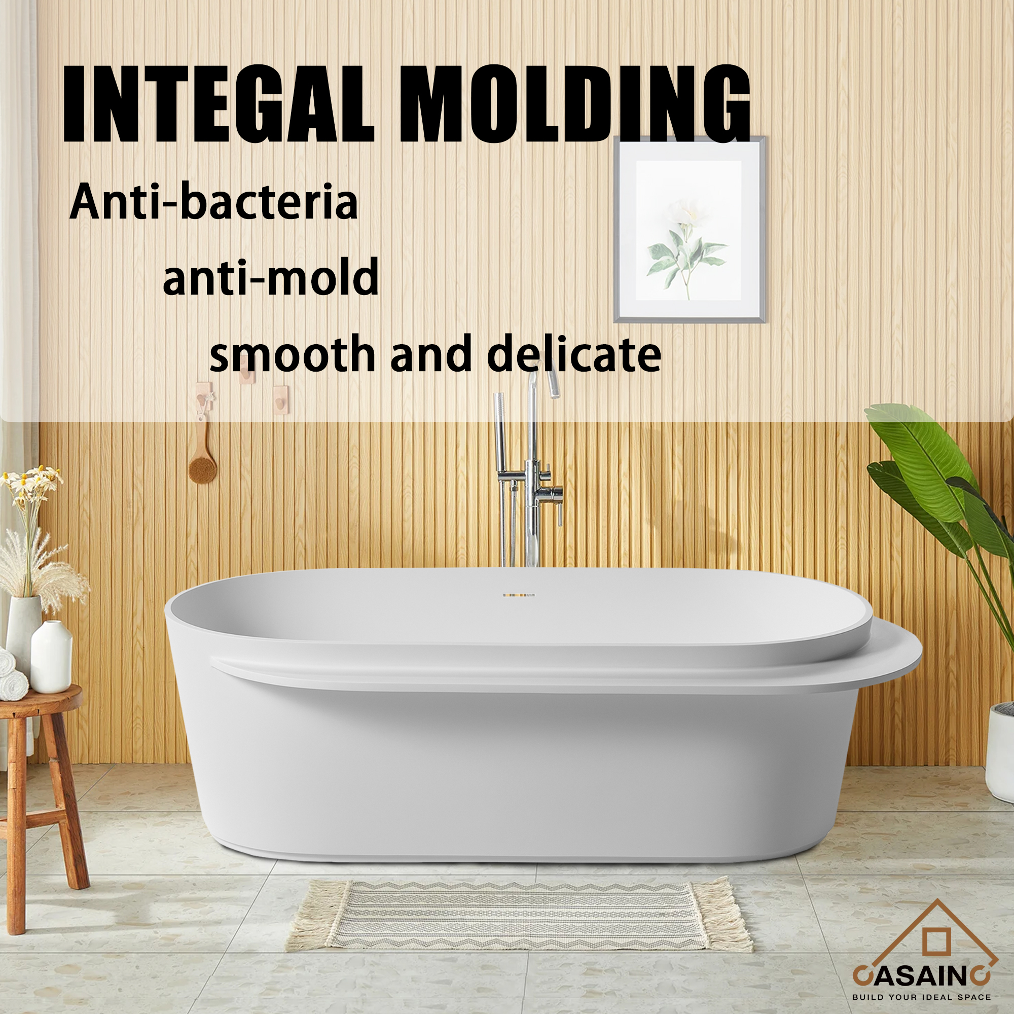 CASAINC 71" Solid Surface Freestanding Bathtub,Oval shape Stone Resin Freestanding Tubs with Overflow and  Drain, Matte White