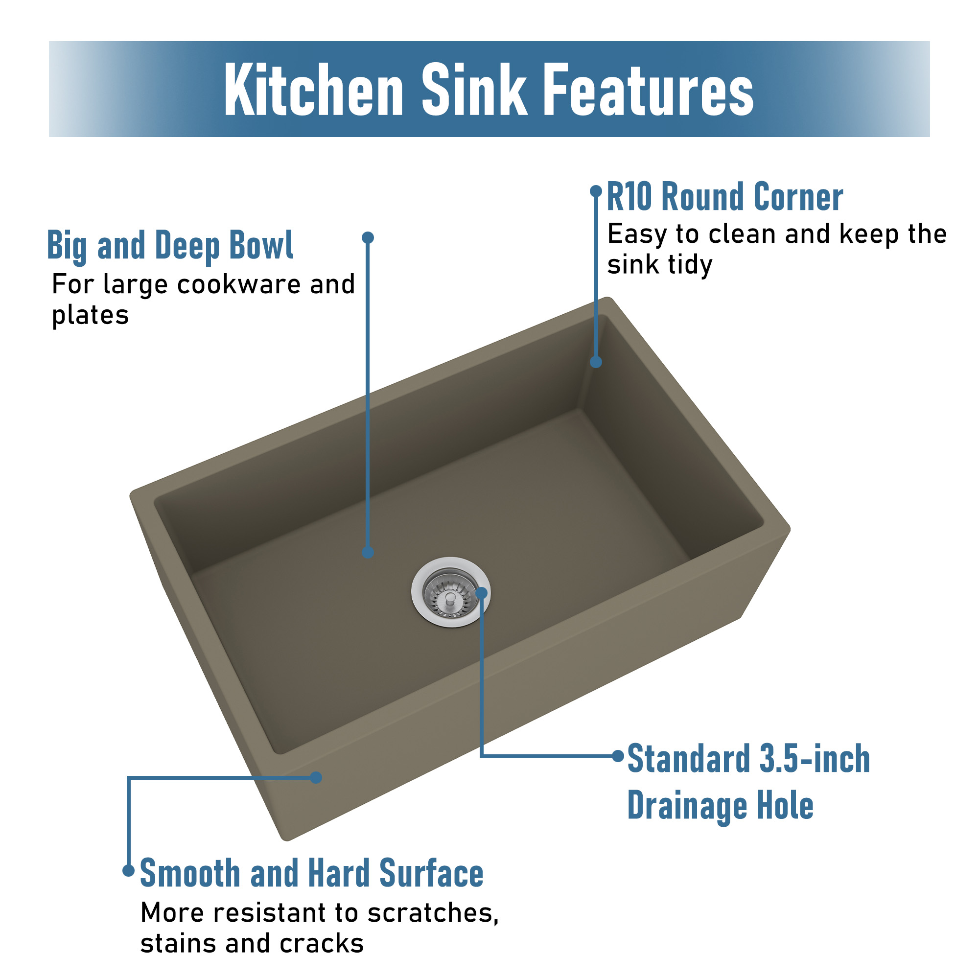 Concrete 30 in. Single Bowl Farmhouse Apron Kitchen Sink with Bottom Grid and Drainer Black Earth/Taupe Clay