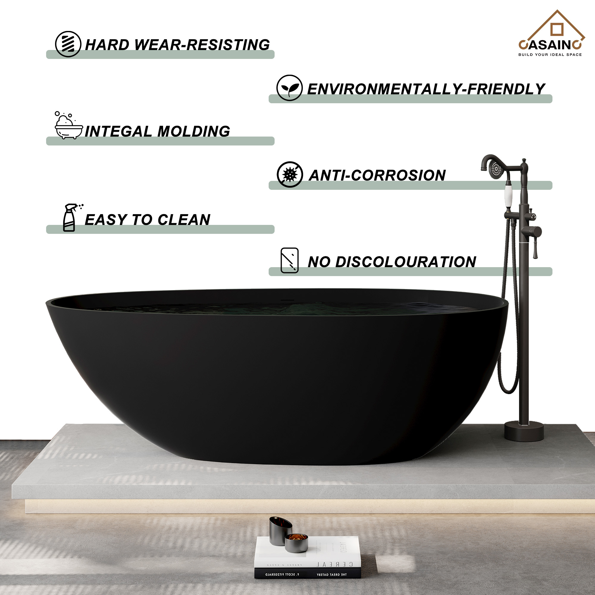 67" Solid Surface Freestanding Bathtub(Matte Grey& Matte Black)